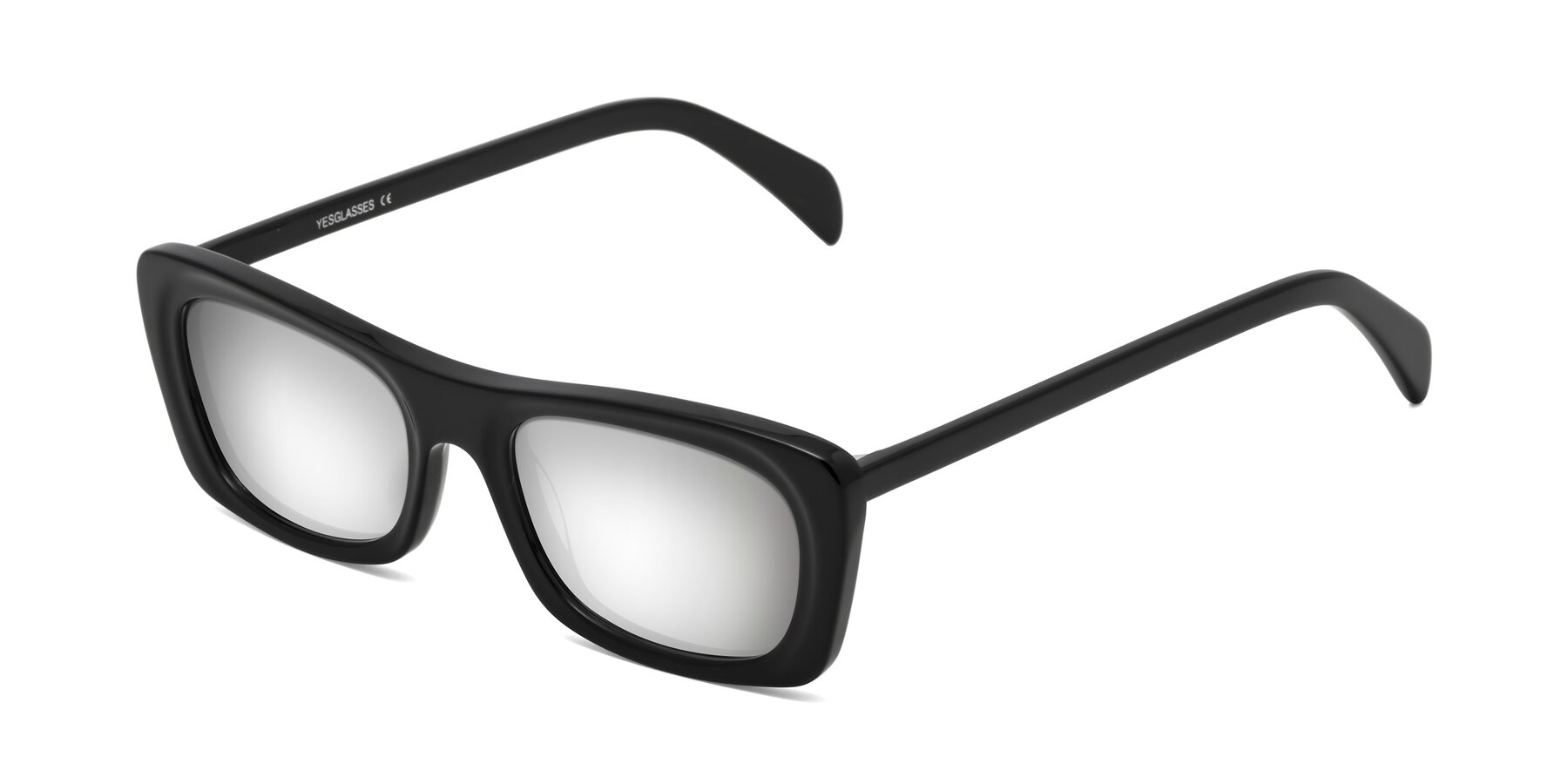 Angle of Figge in Black with Silver Mirrored Lenses
