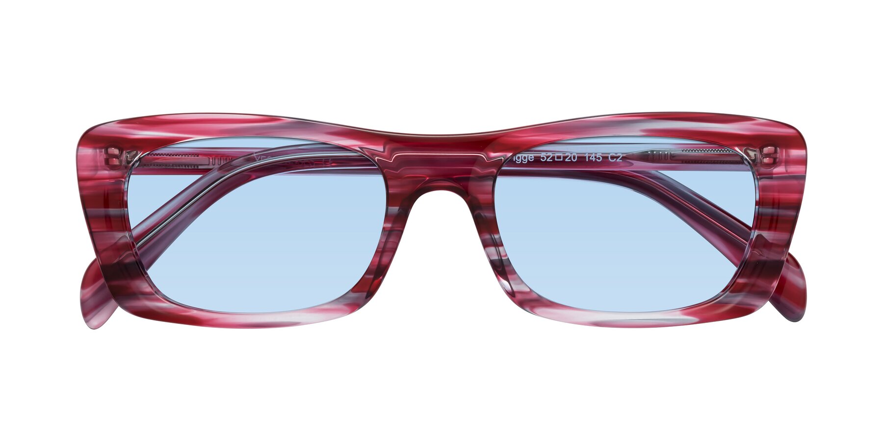 Folded Front of Figge in Striped Red with Light Blue Tinted Lenses