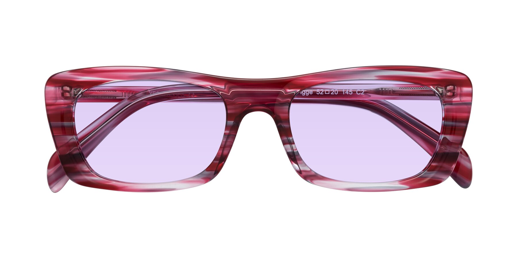 Folded Front of Figge in Striped Red with Light Purple Tinted Lenses