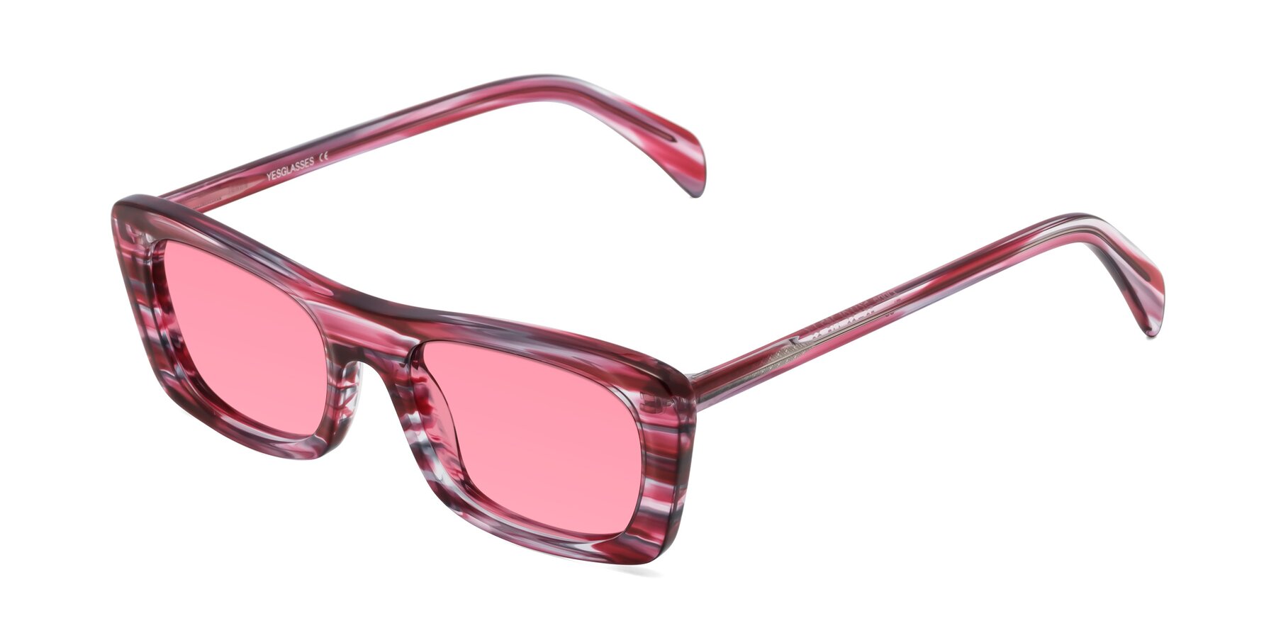 Angle of Figge in Striped Red with Pink Tinted Lenses