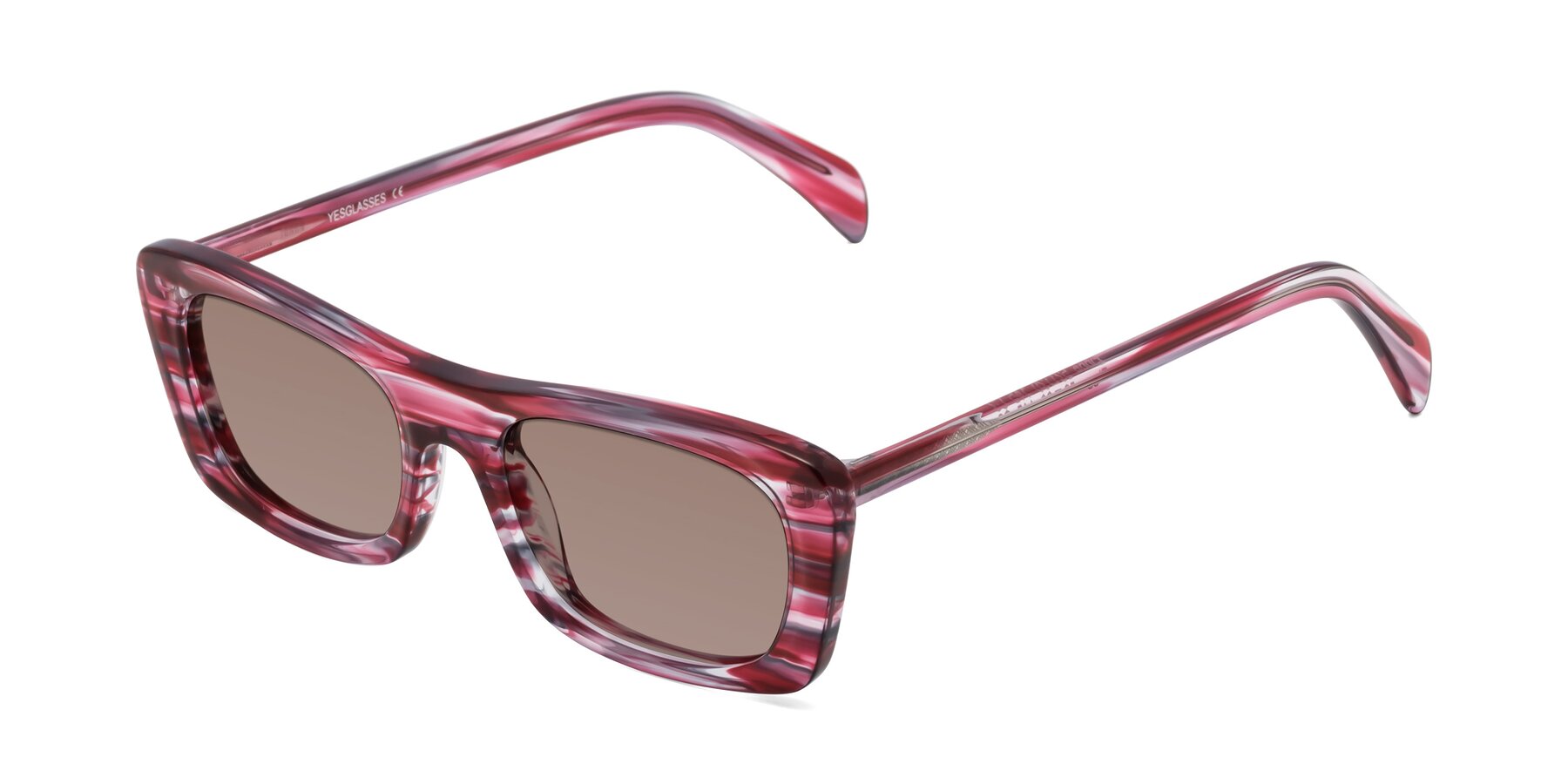 Angle of Figge in Striped Red with Medium Brown Tinted Lenses