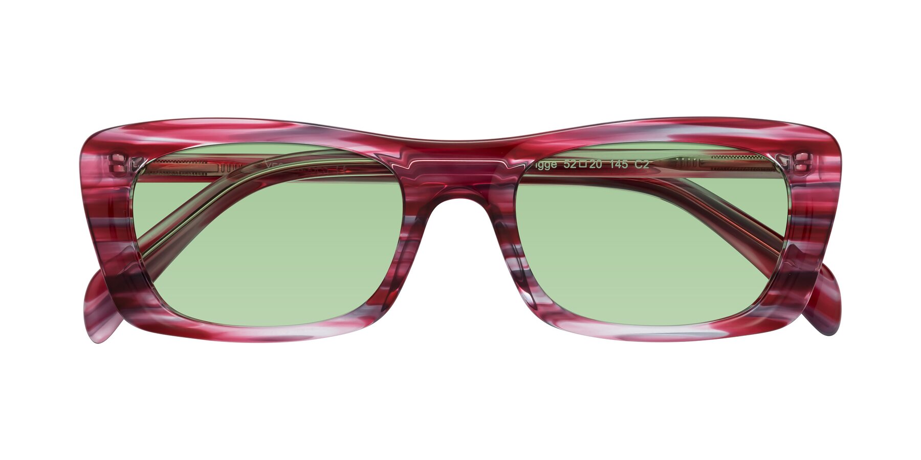 Folded Front of Figge in Striped Red with Medium Green Tinted Lenses