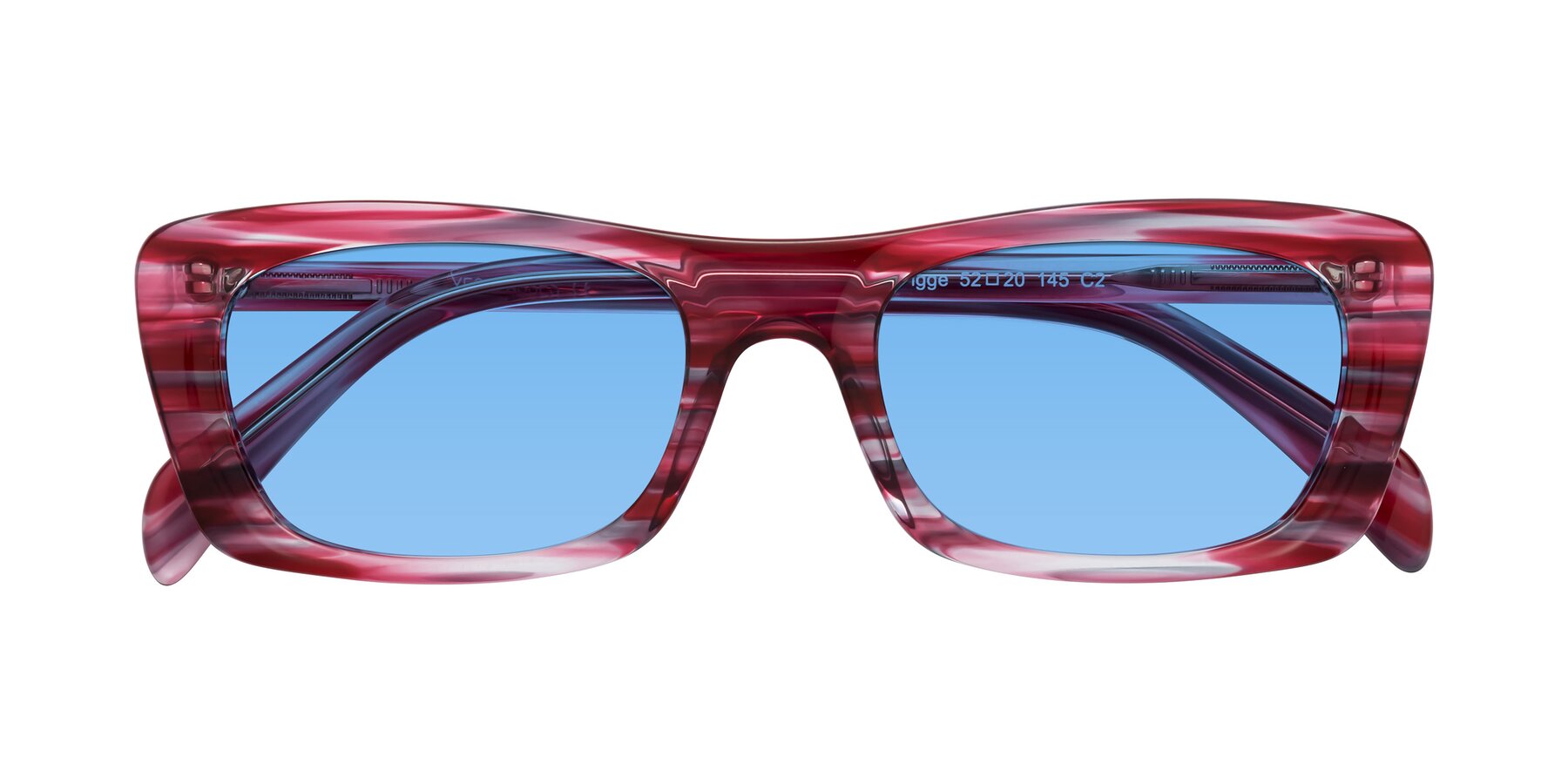 Folded Front of Figge in Striped Red with Medium Blue Tinted Lenses