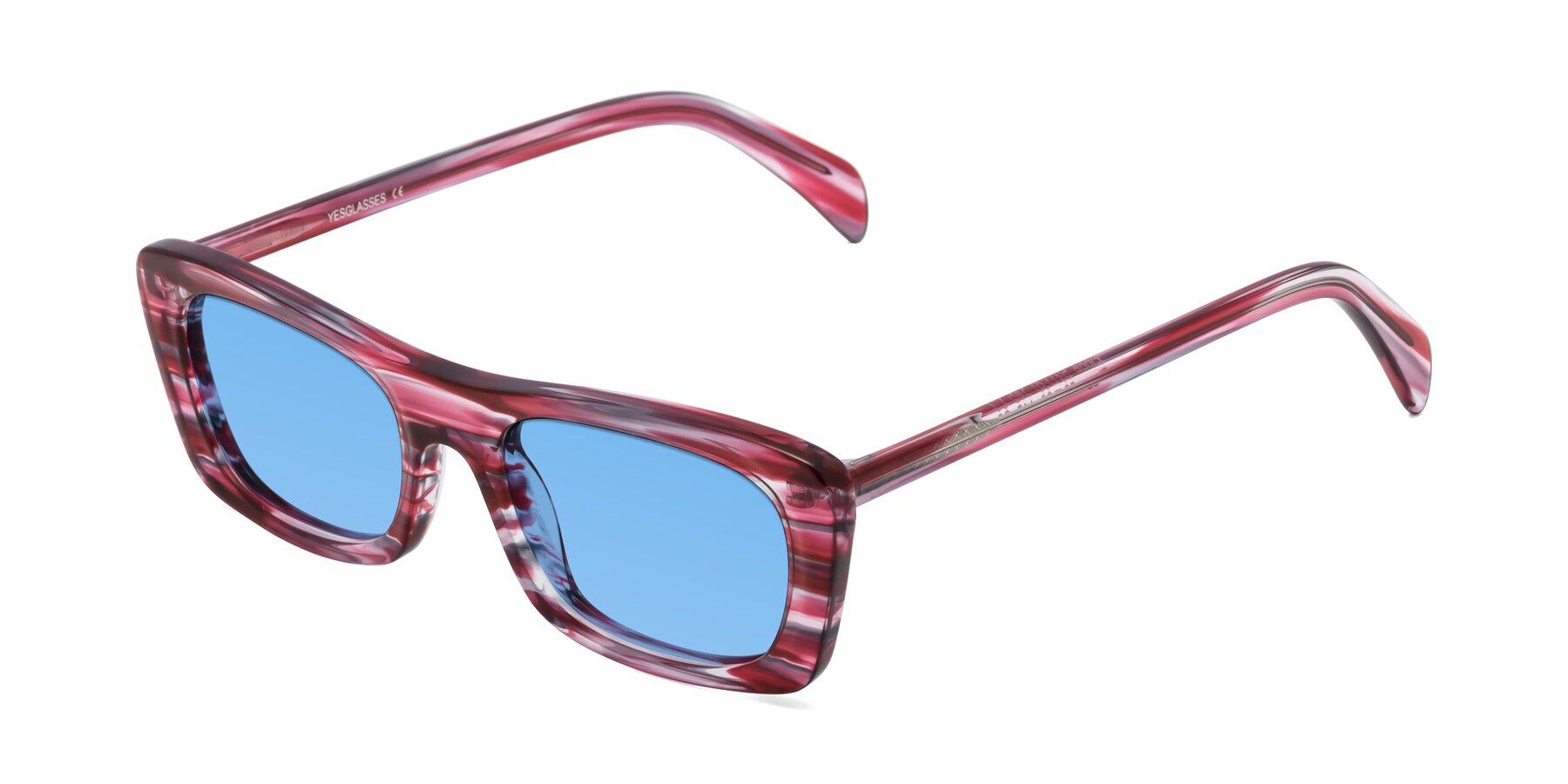 Angle of Figge in Striped Red with Medium Blue Tinted Lenses