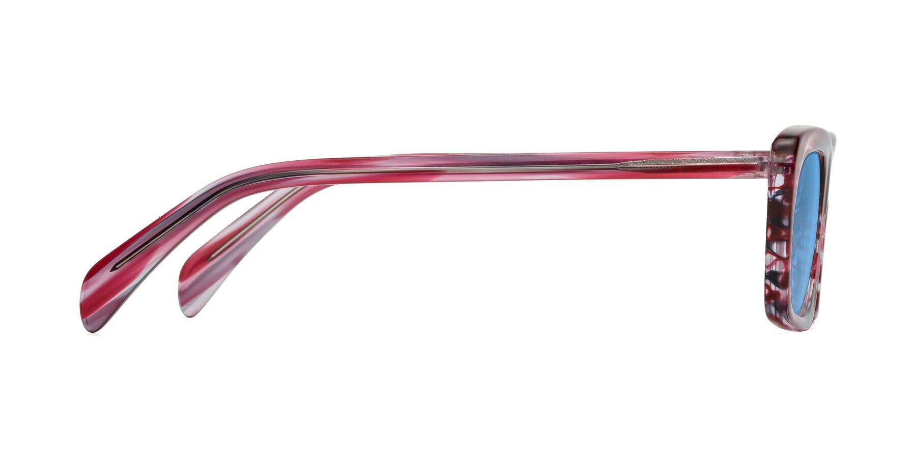 Side of Figge in Striped Red with Medium Blue Tinted Lenses