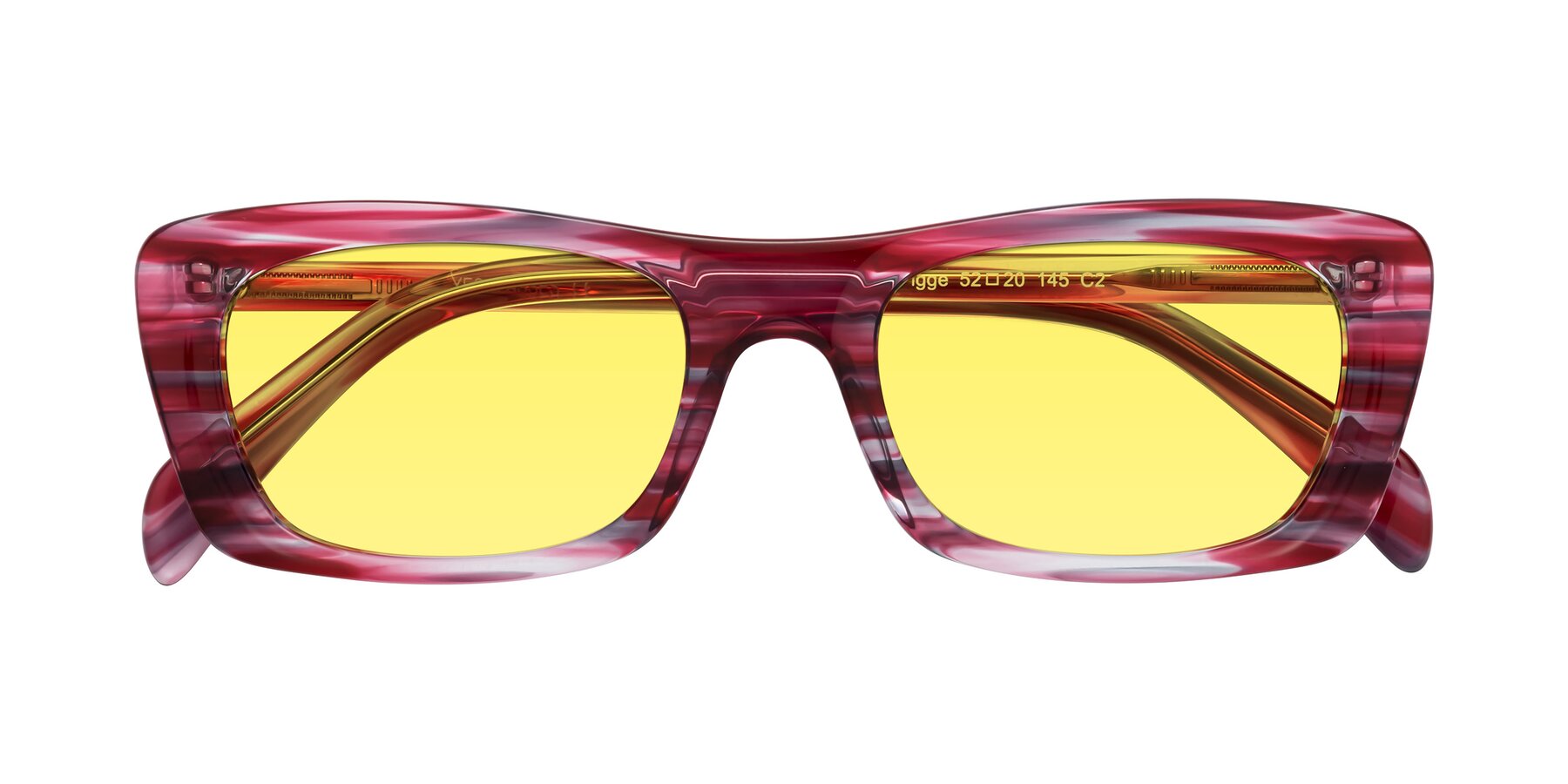 Folded Front of Figge in Striped Red with Medium Yellow Tinted Lenses