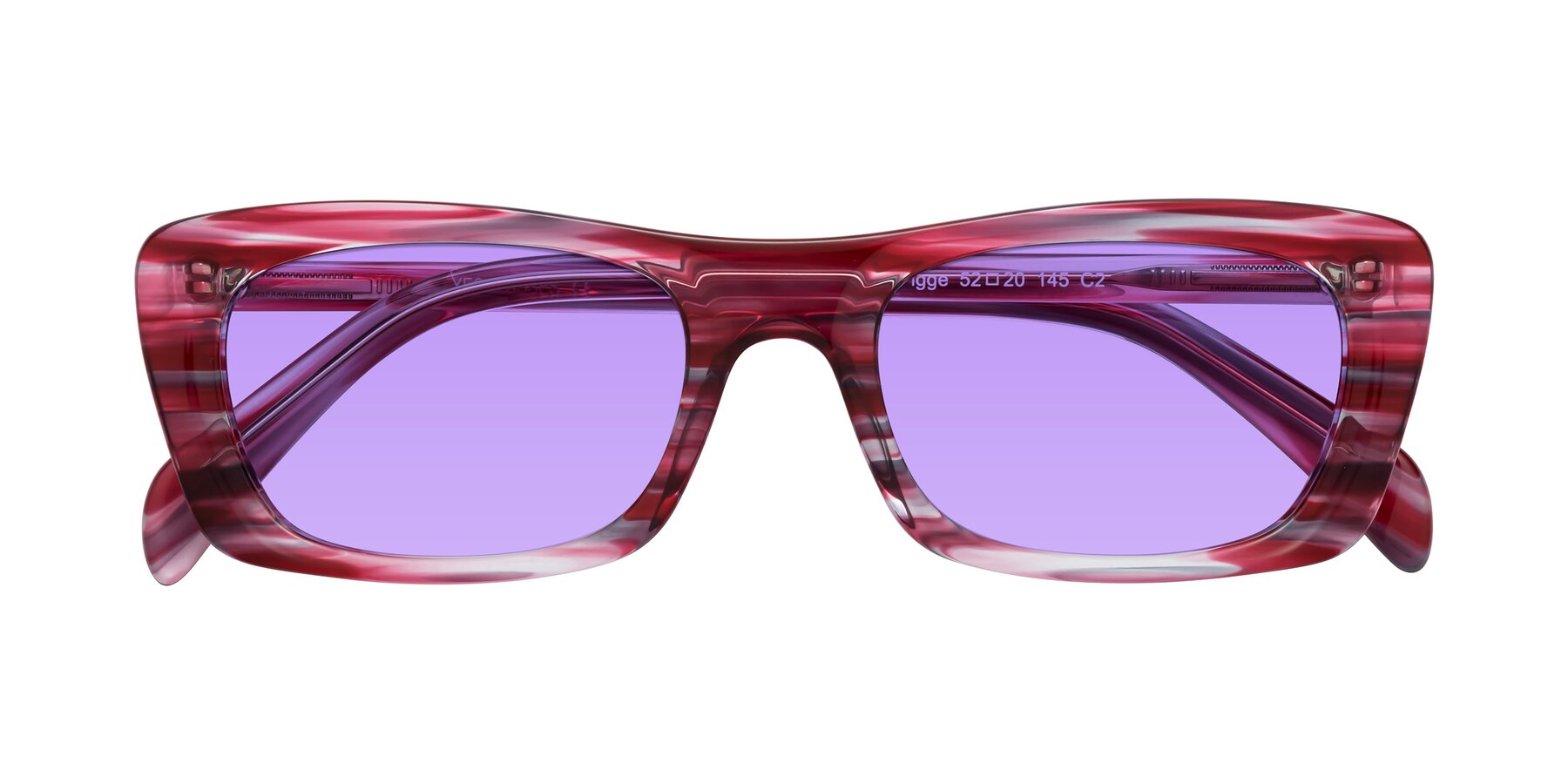 Folded Front of Figge in Striped Red with Medium Purple Tinted Lenses