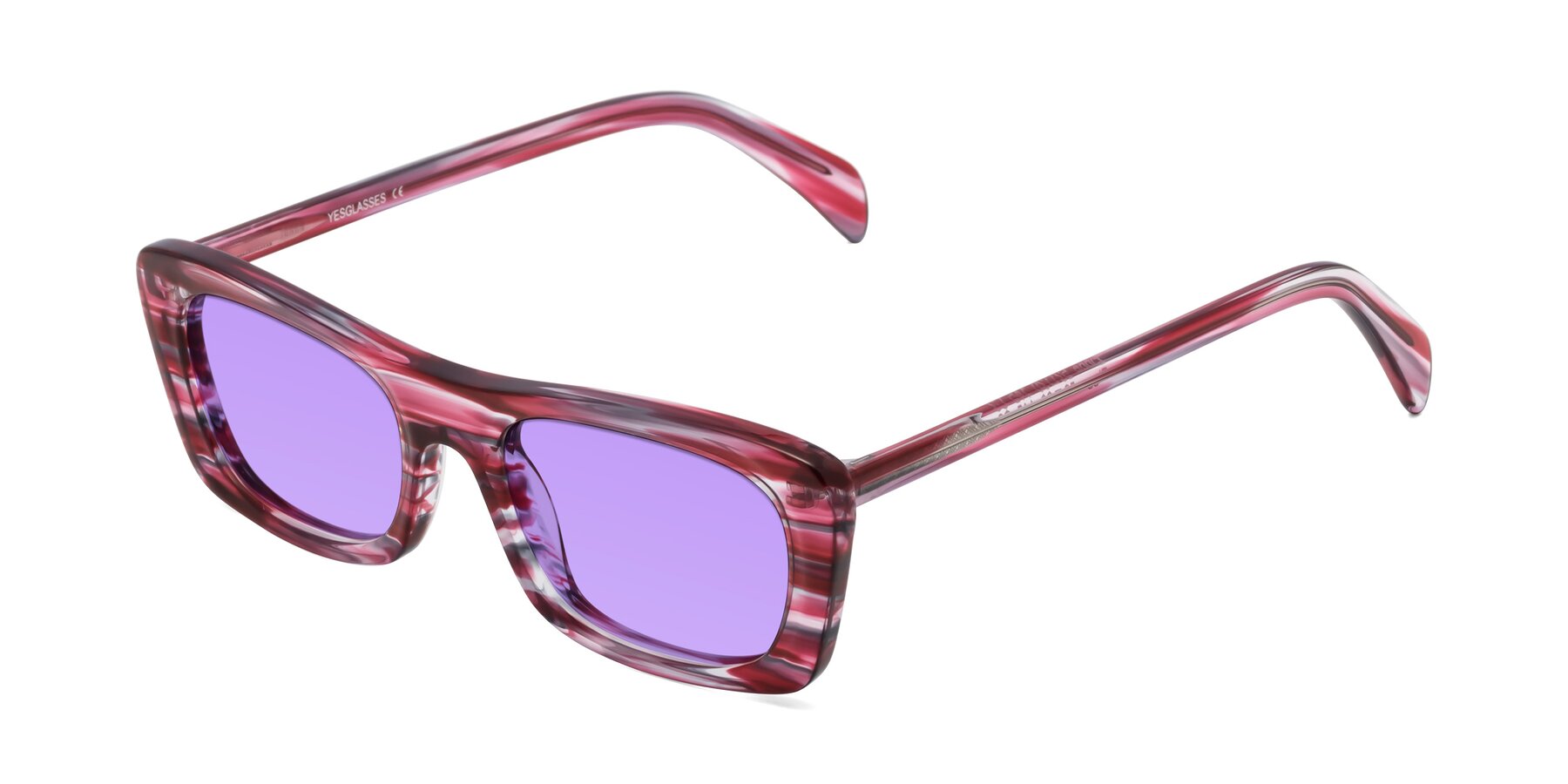 Angle of Figge in Striped Red with Medium Purple Tinted Lenses