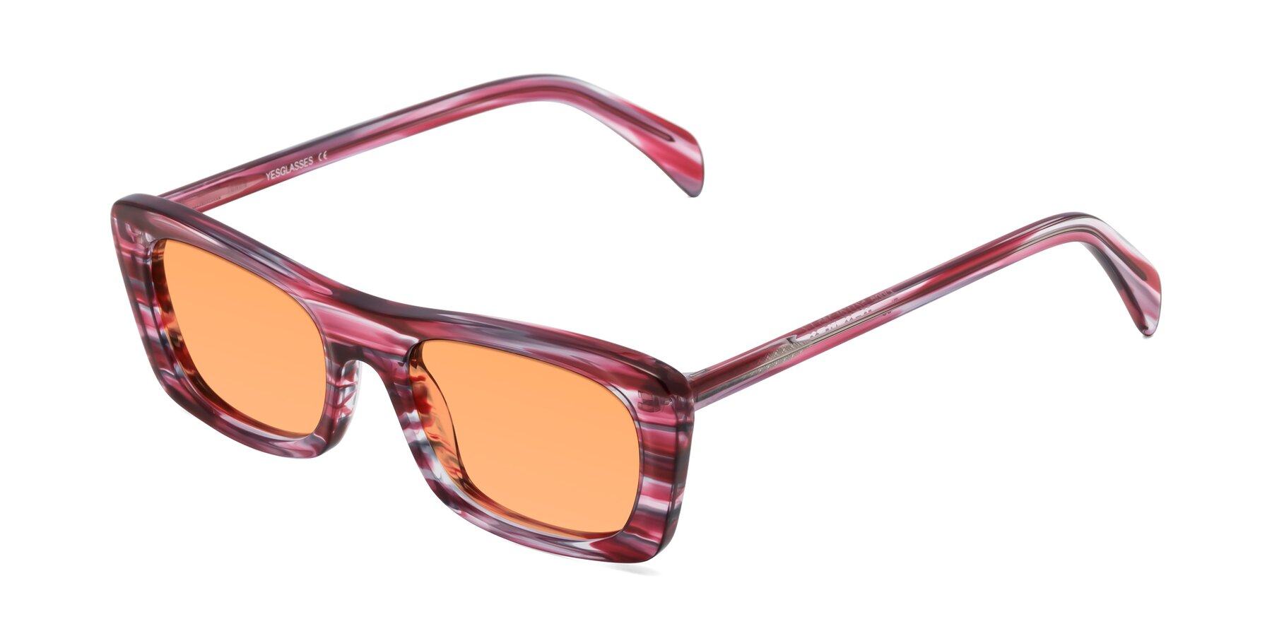 Angle of Figge in Striped Red with Medium Orange Tinted Lenses