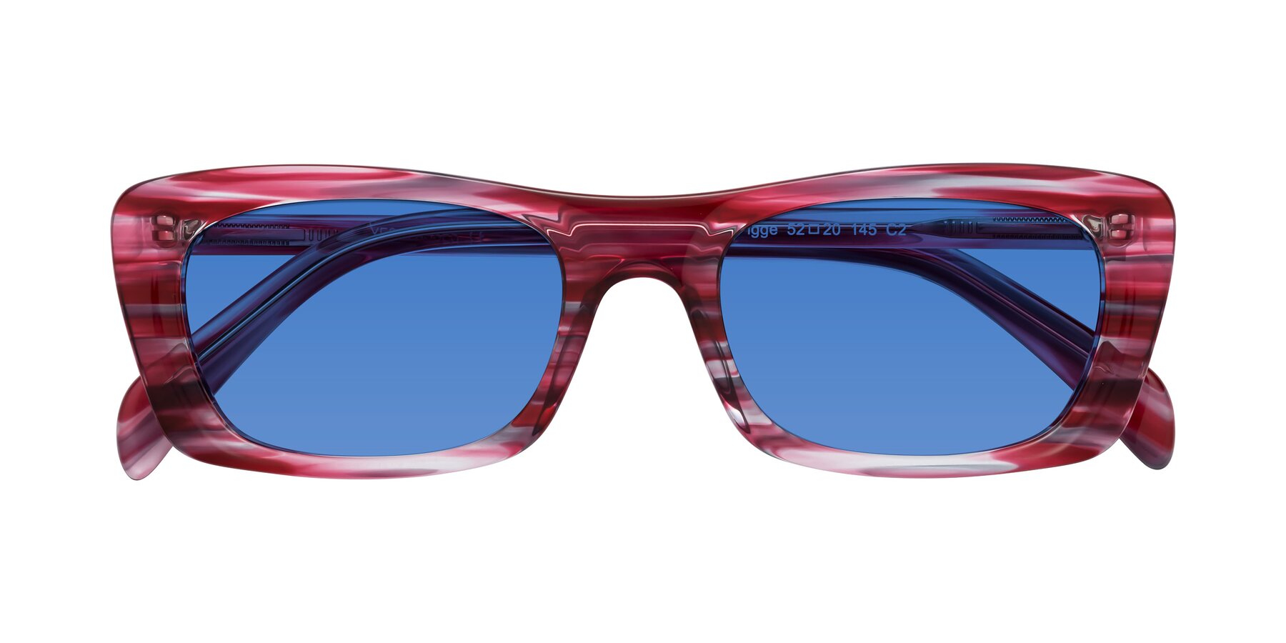 Folded Front of Figge in Striped Red with Blue Tinted Lenses