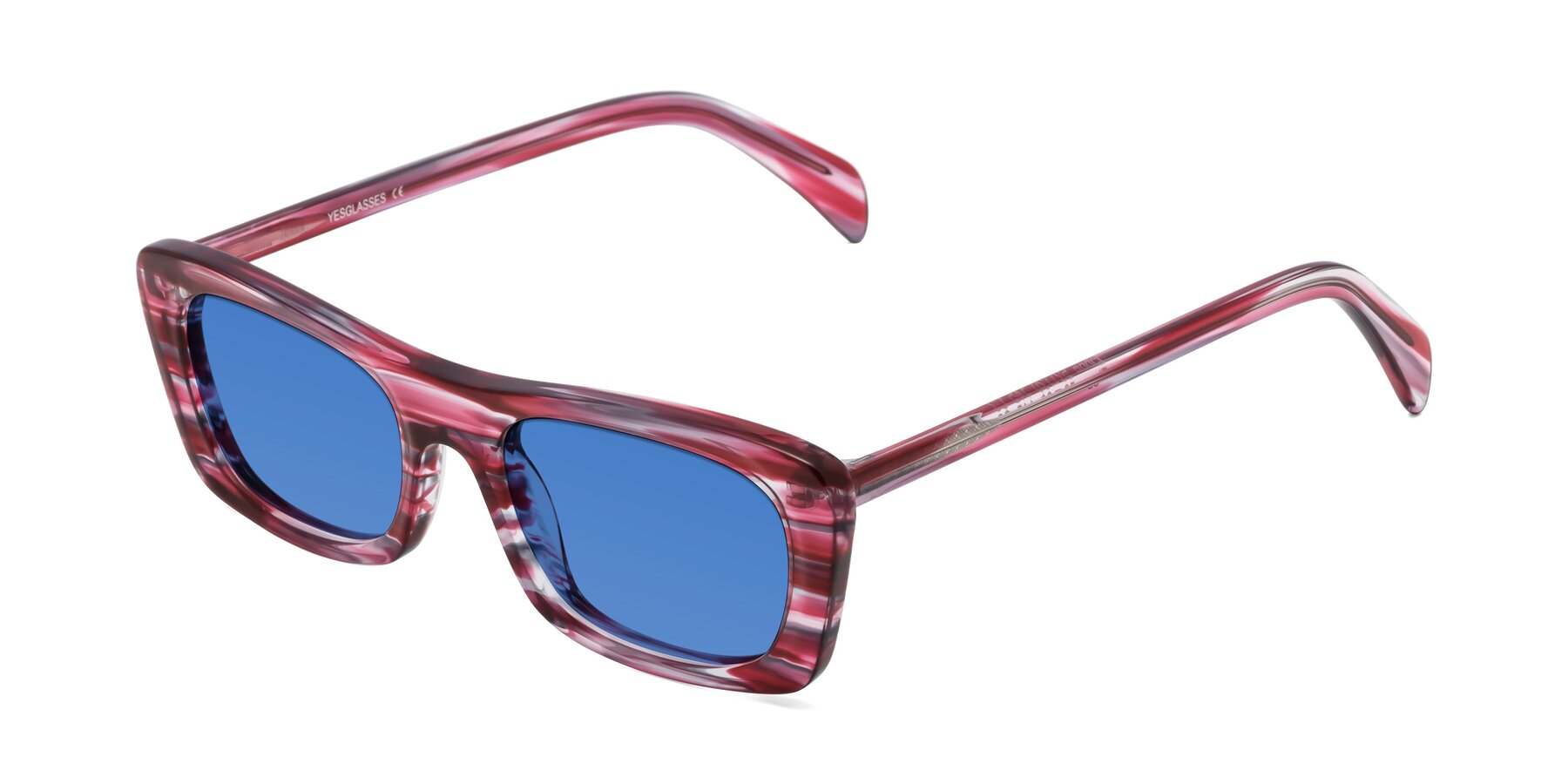 Angle of Figge in Striped Red with Blue Tinted Lenses