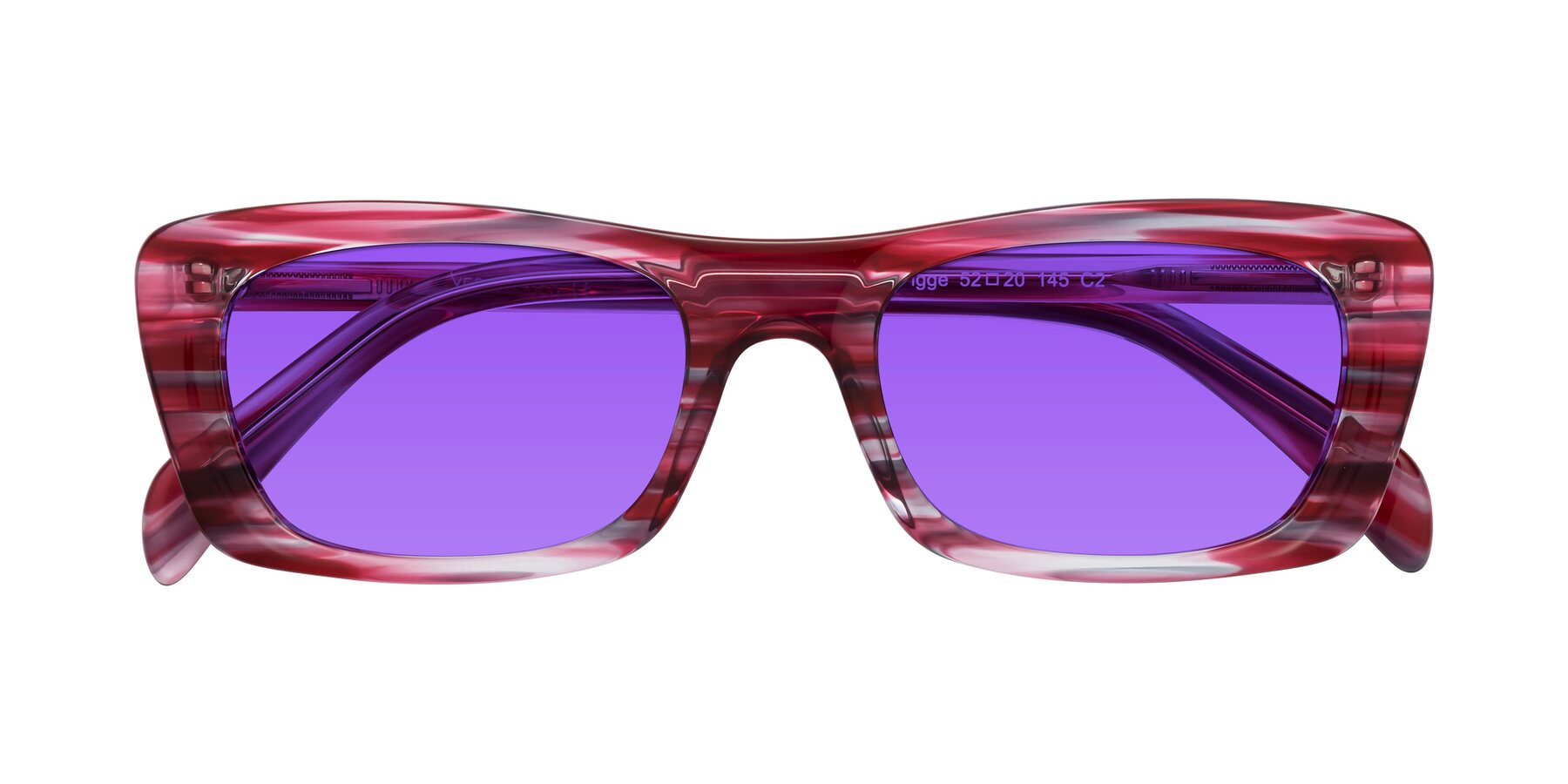 Folded Front of Figge in Striped Red with Purple Tinted Lenses