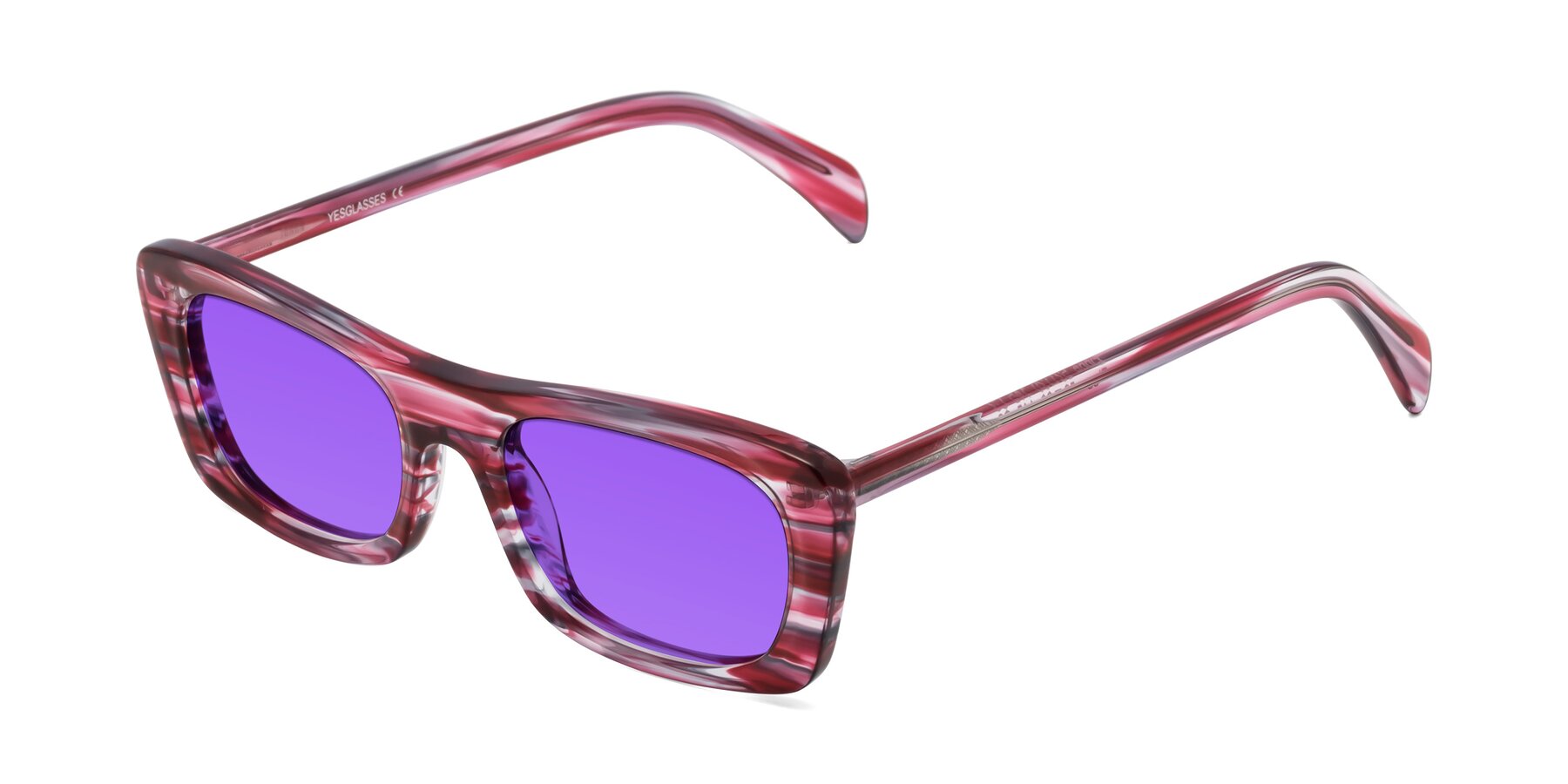 Angle of Figge in Striped Red with Purple Tinted Lenses