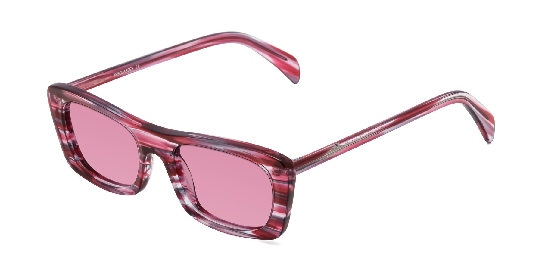 Angle of Figge in Striped Red with Medium Wine Tinted Lenses