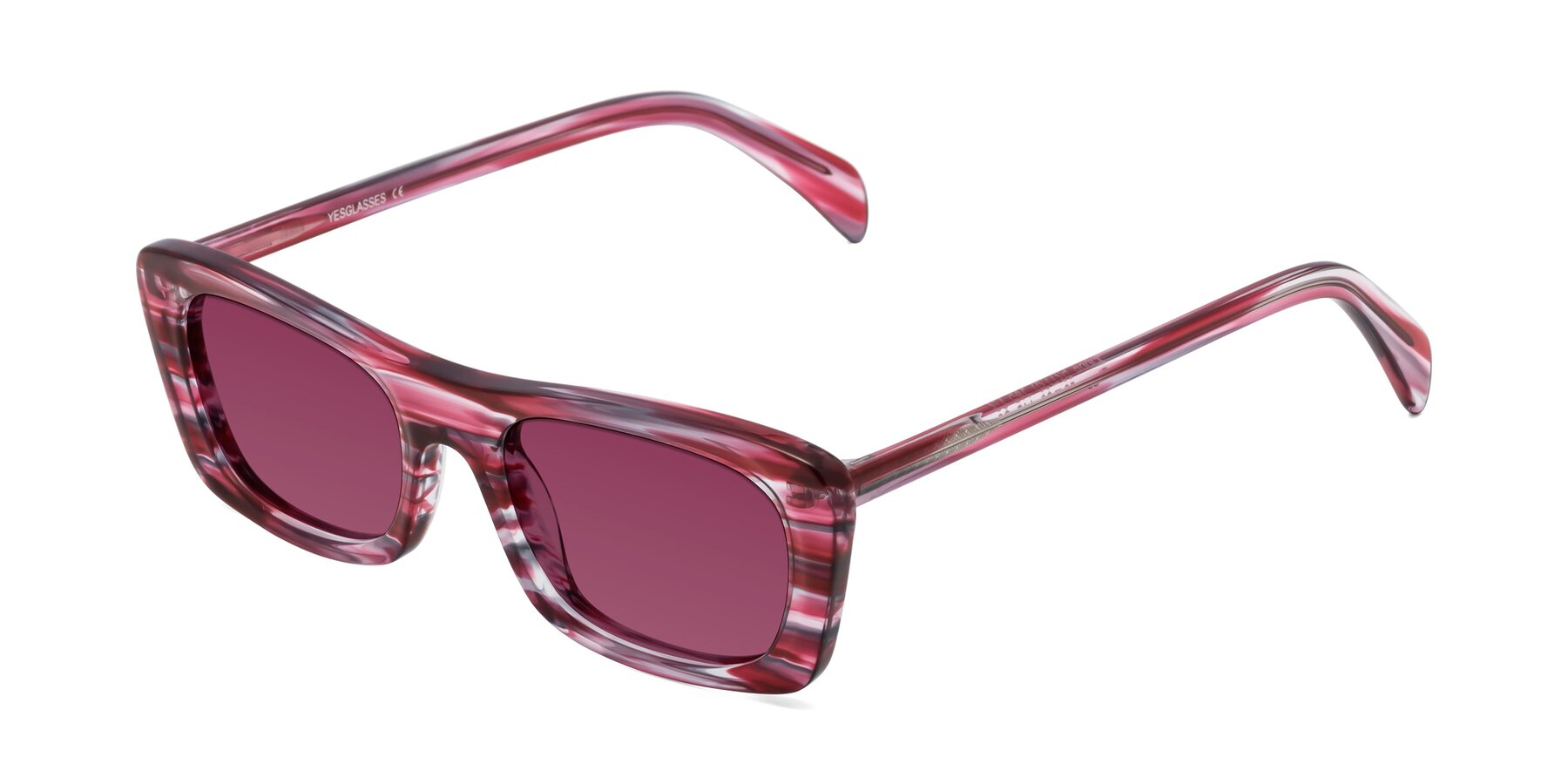 Angle of Figge in Striped Red with Wine Tinted Lenses