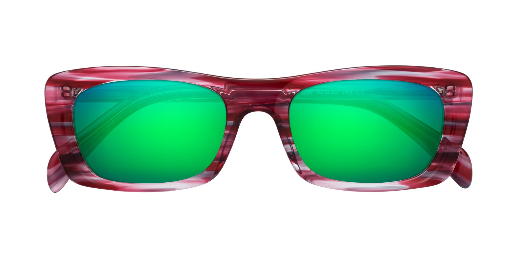 Folded Front of Figge in Striped Red with Green Mirrored Lenses