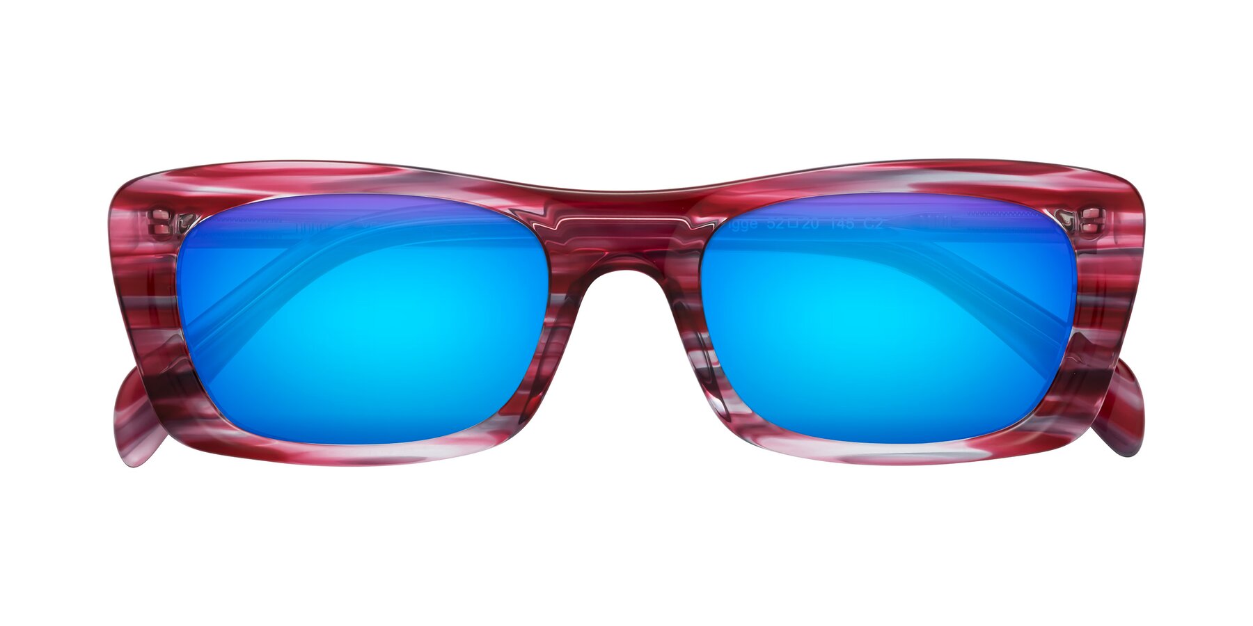 Folded Front of Figge in Striped Red with Blue Mirrored Lenses