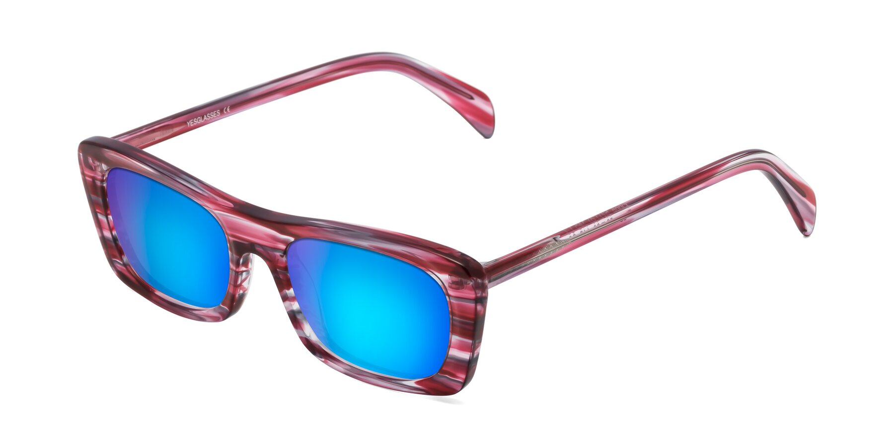 Angle of Figge in Striped Red with Blue Mirrored Lenses