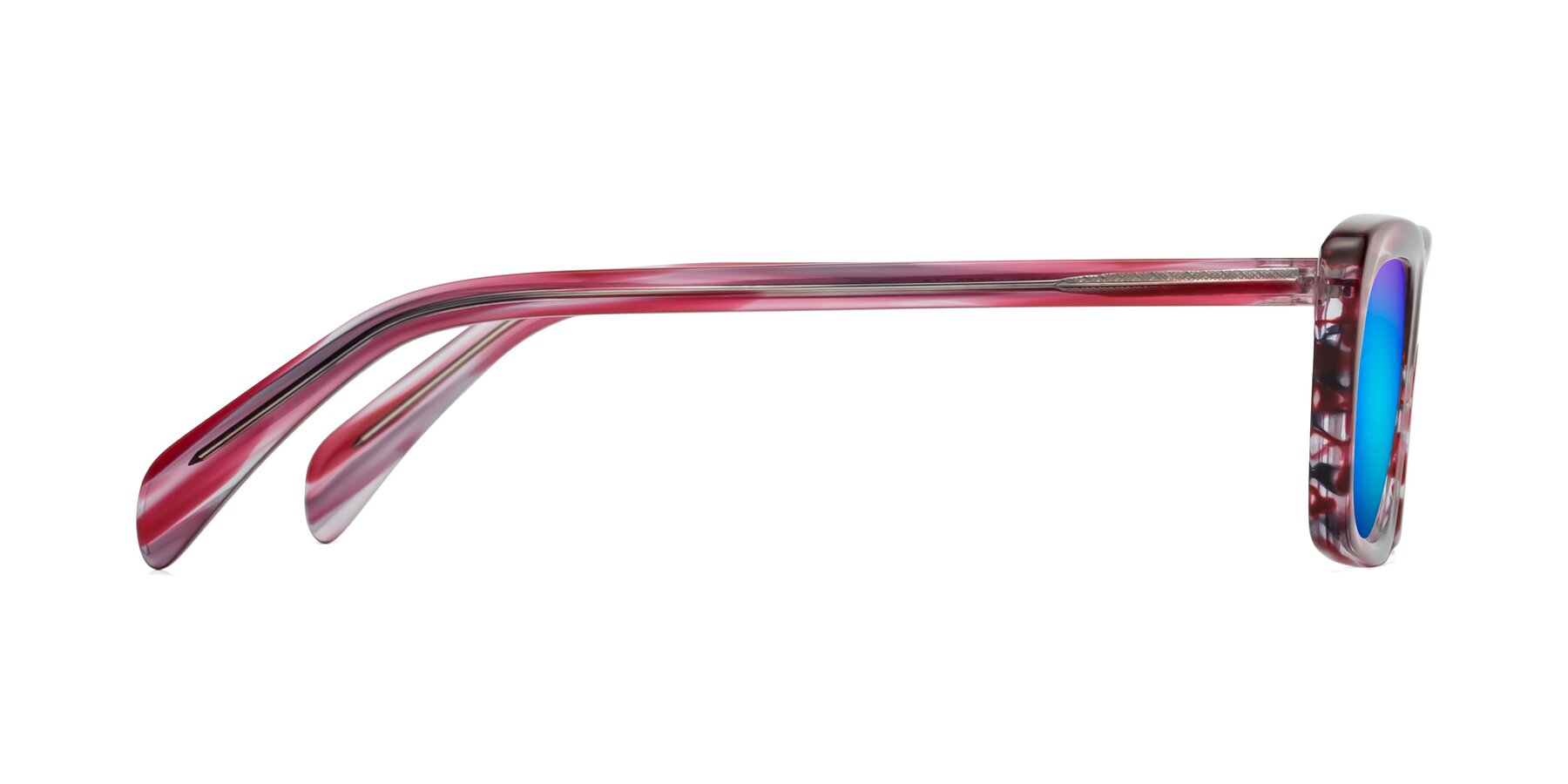 Side of Figge in Striped Red with Blue Mirrored Lenses