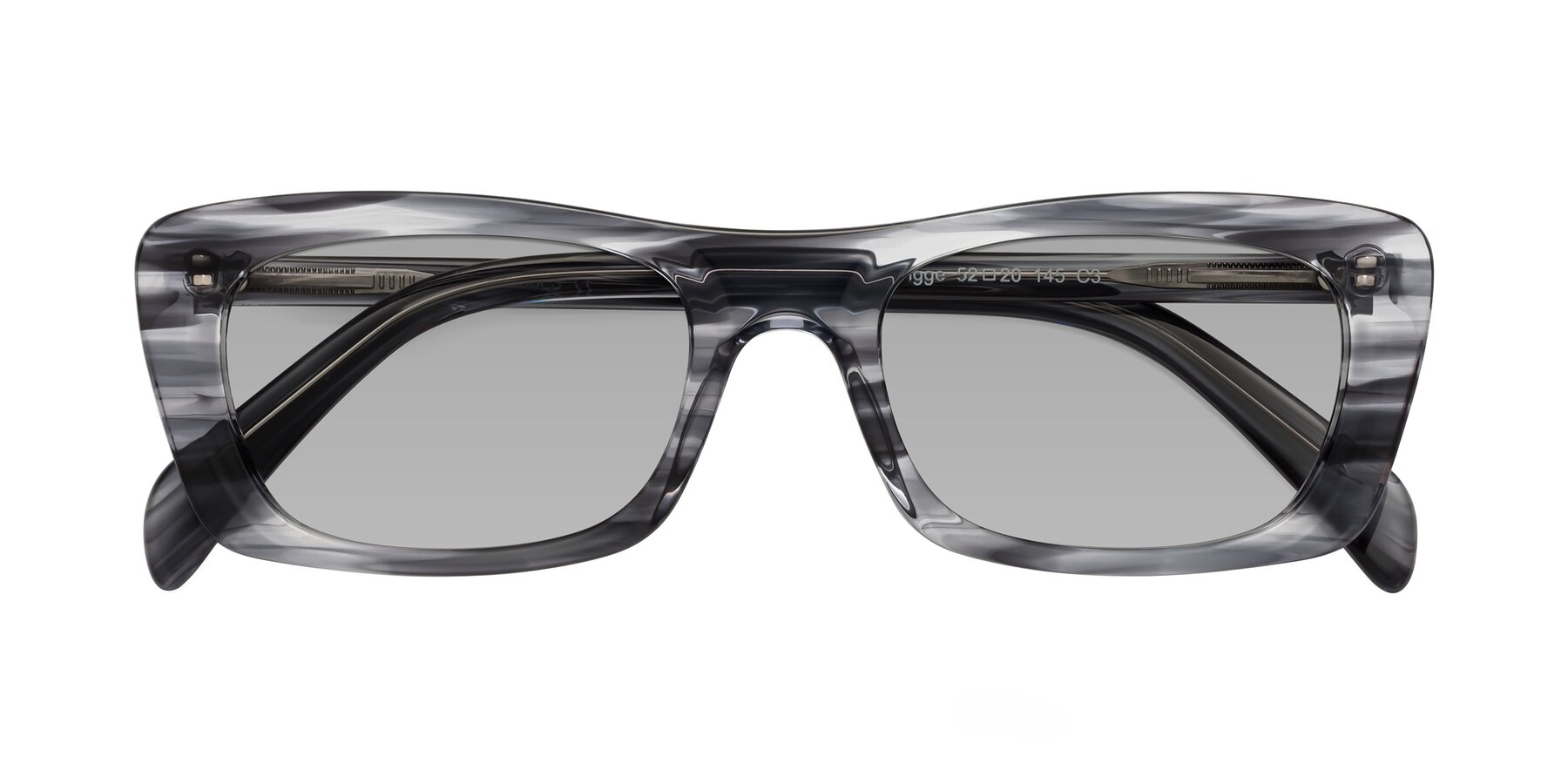 Folded Front of Figge in Striped Gray with Light Gray Tinted Lenses