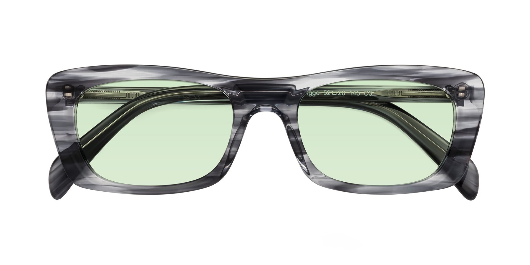 Folded Front of Figge in Striped Gray with Light Green Tinted Lenses