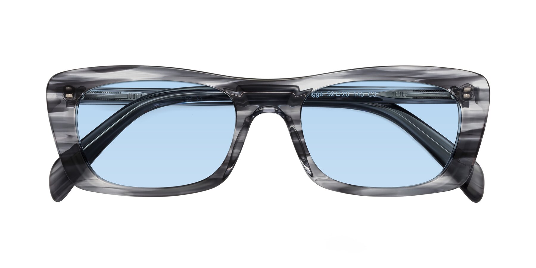 Folded Front of Figge in Striped Gray with Light Blue Tinted Lenses