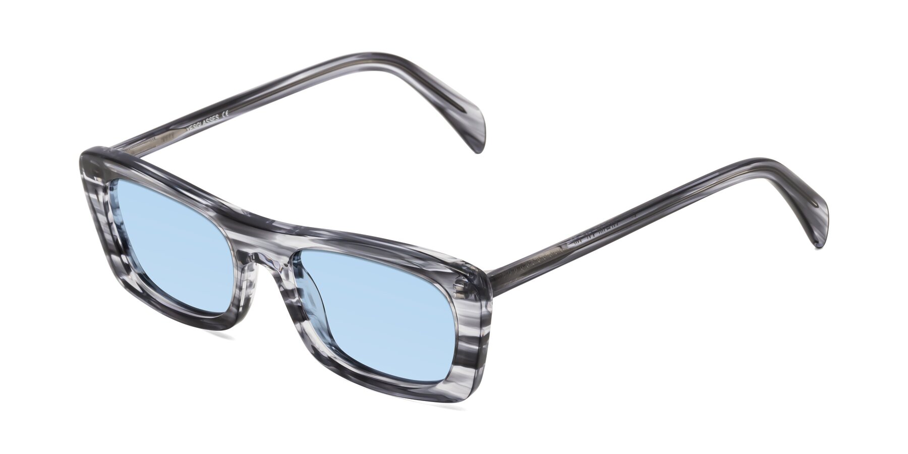 Angle of Figge in Striped Gray with Light Blue Tinted Lenses