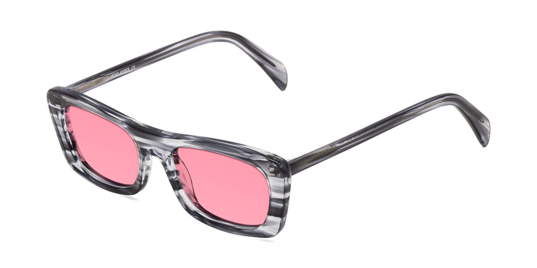 Angle of Figge in Striped Gray with Pink Tinted Lenses