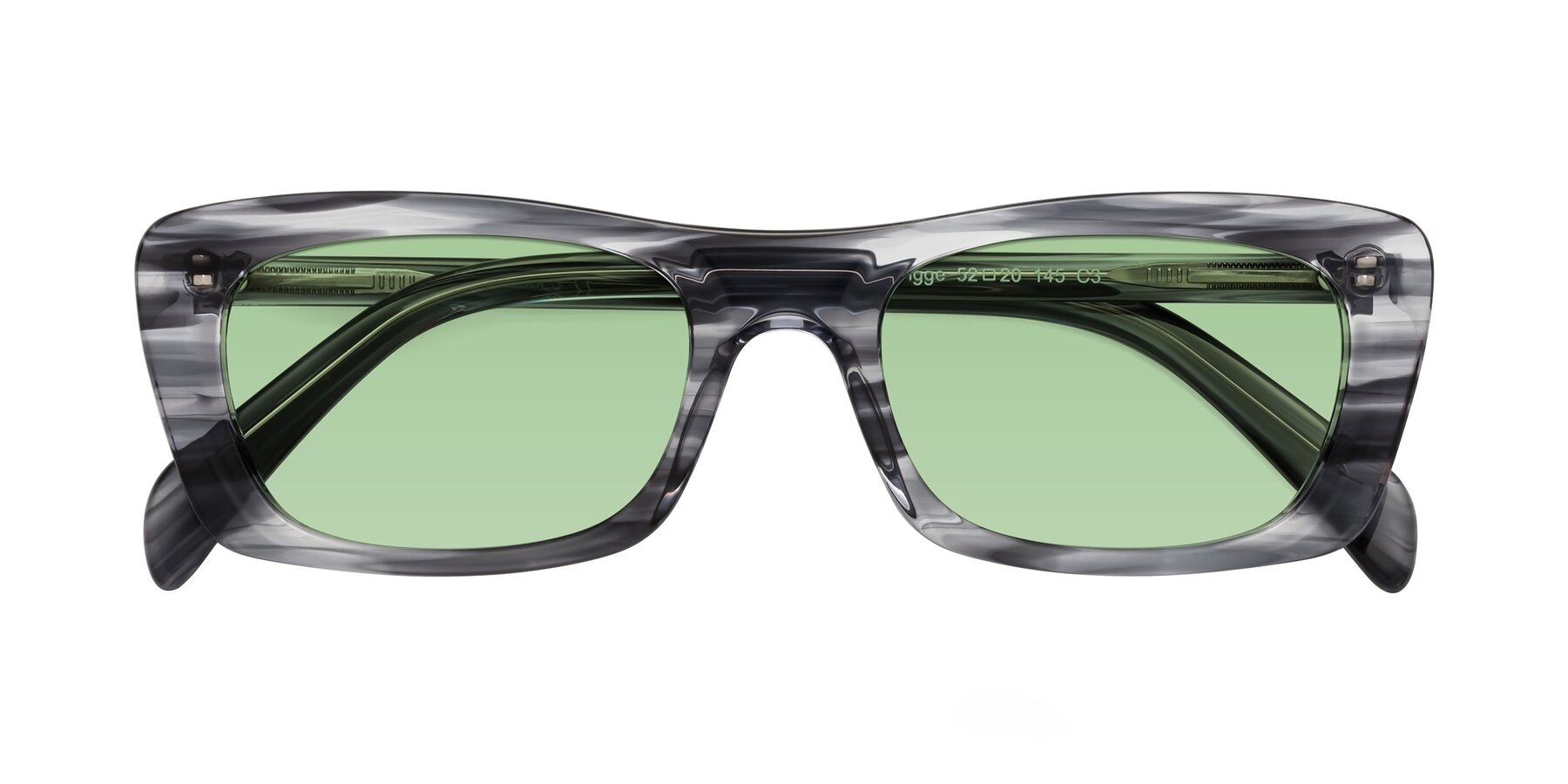 Folded Front of Figge in Striped Gray with Medium Green Tinted Lenses