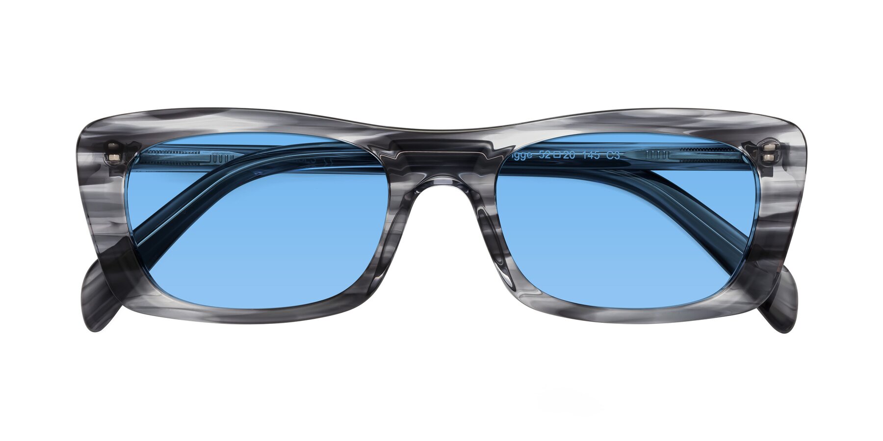 Folded Front of Figge in Striped Gray with Medium Blue Tinted Lenses