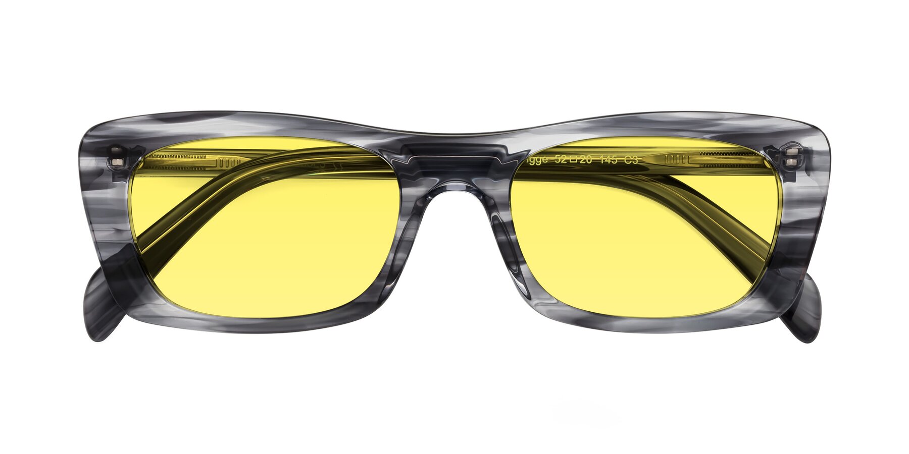 Folded Front of Figge in Striped Gray with Medium Yellow Tinted Lenses