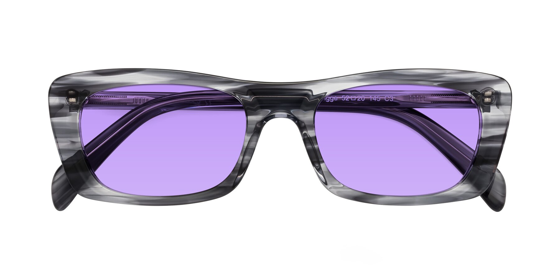 Folded Front of Figge in Striped Gray with Medium Purple Tinted Lenses