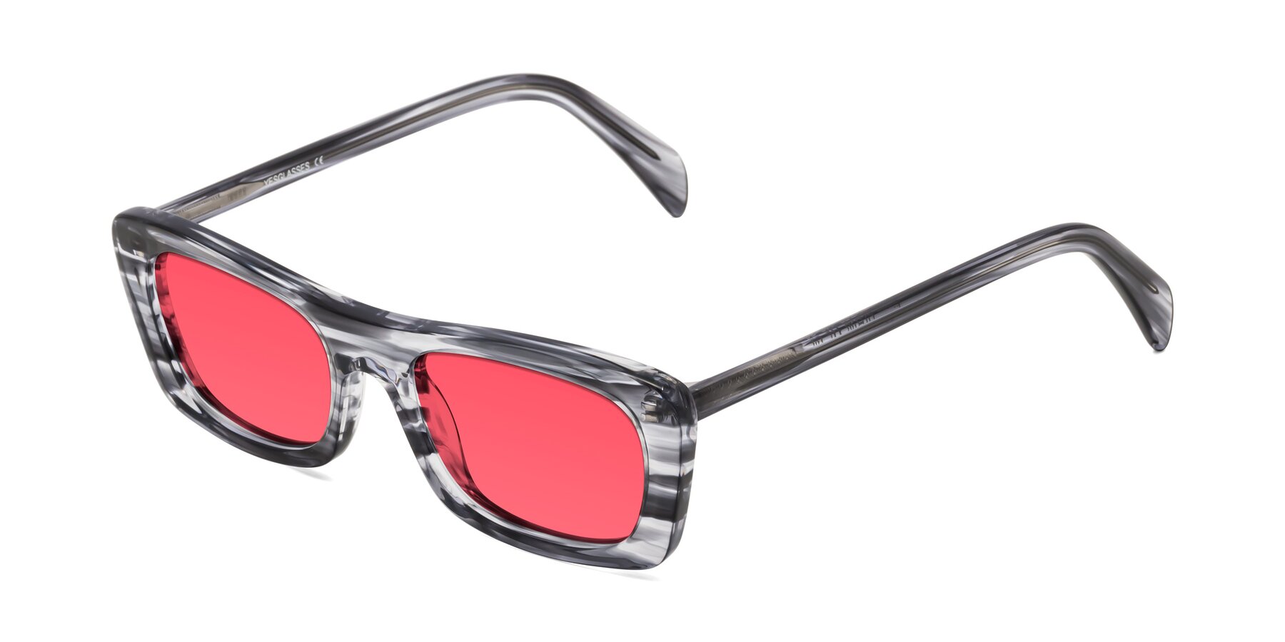 Angle of Figge in Striped Gray with Red Tinted Lenses