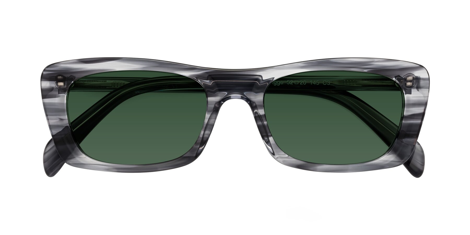 Folded Front of Figge in Striped Gray with Green Tinted Lenses