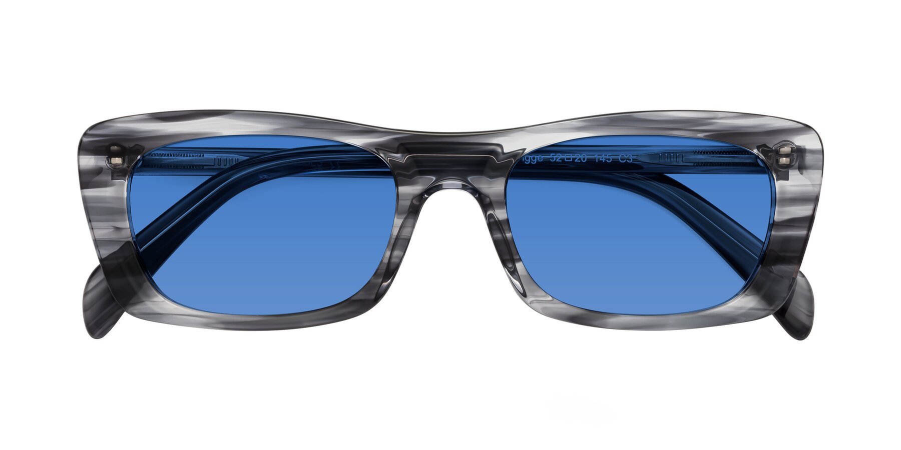Folded Front of Figge in Striped Gray with Blue Tinted Lenses
