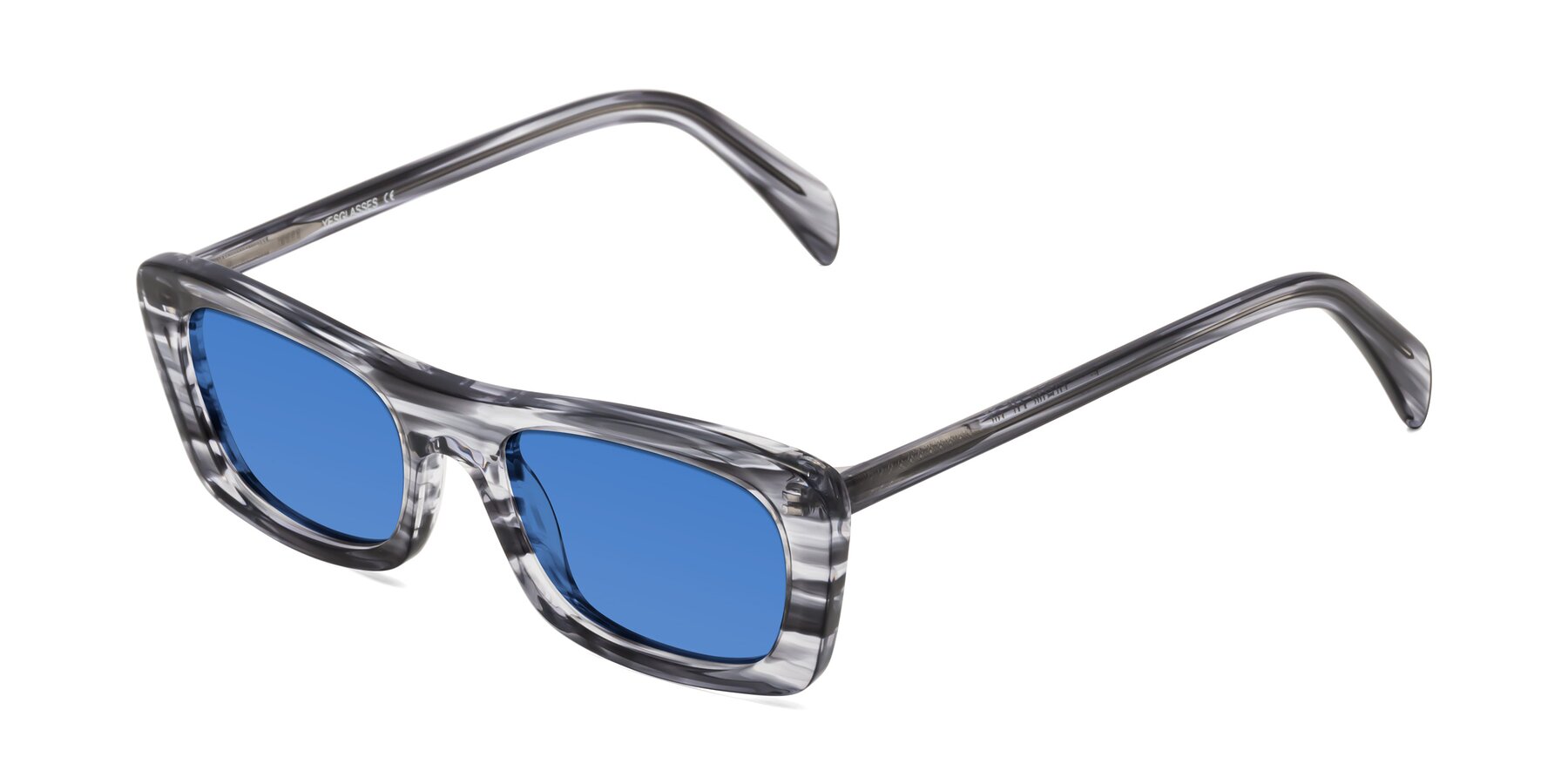 Angle of Figge in Striped Gray with Blue Tinted Lenses
