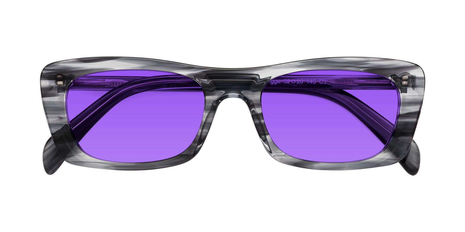 Folded Front of Figge in Striped Gray with Purple Tinted Lenses