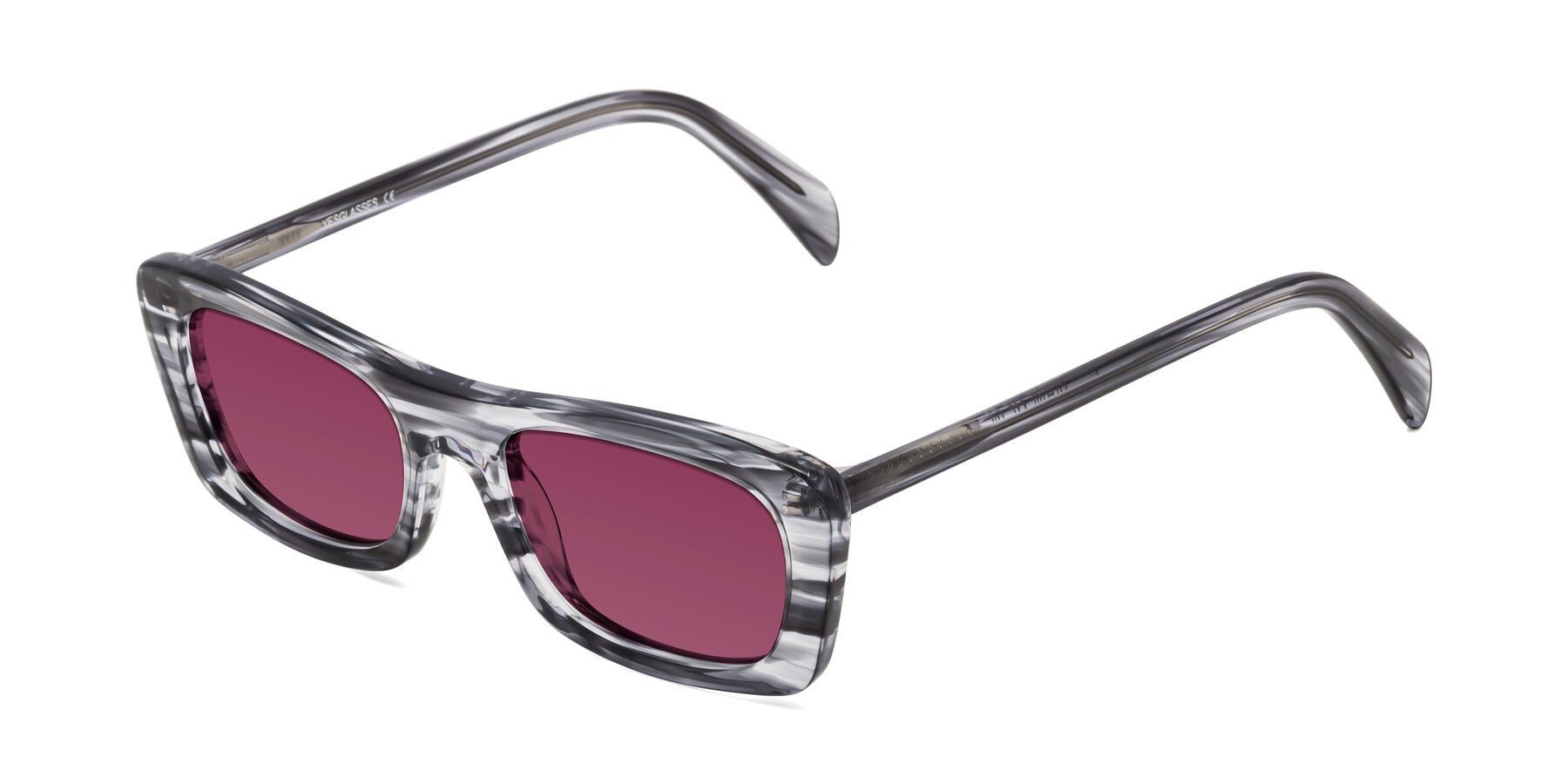 Angle of Figge in Striped Gray with Wine Tinted Lenses