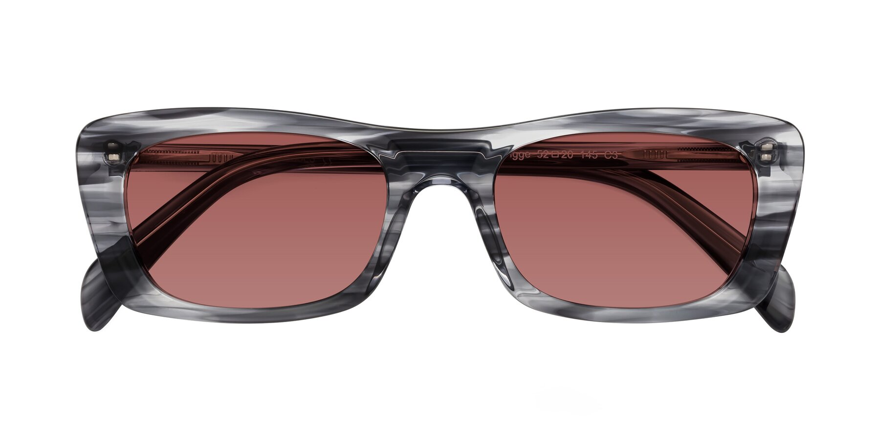 Folded Front of Figge in Striped Gray with Garnet Tinted Lenses