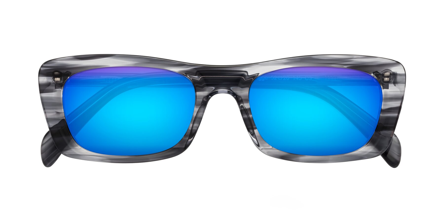 Folded Front of Figge in Striped Gray with Blue Mirrored Lenses