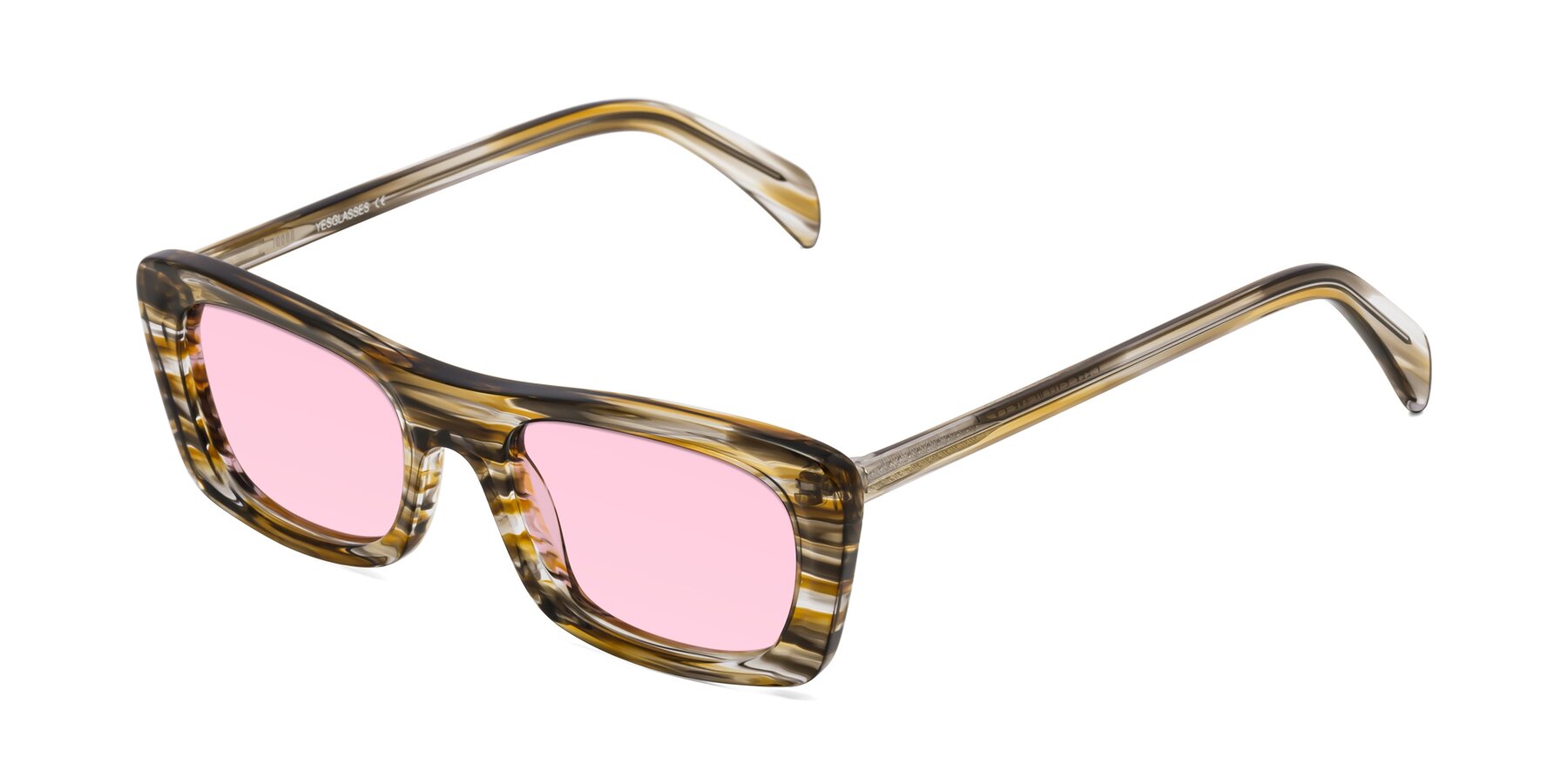 Angle of Figge in Striped Brown with Light Pink Tinted Lenses