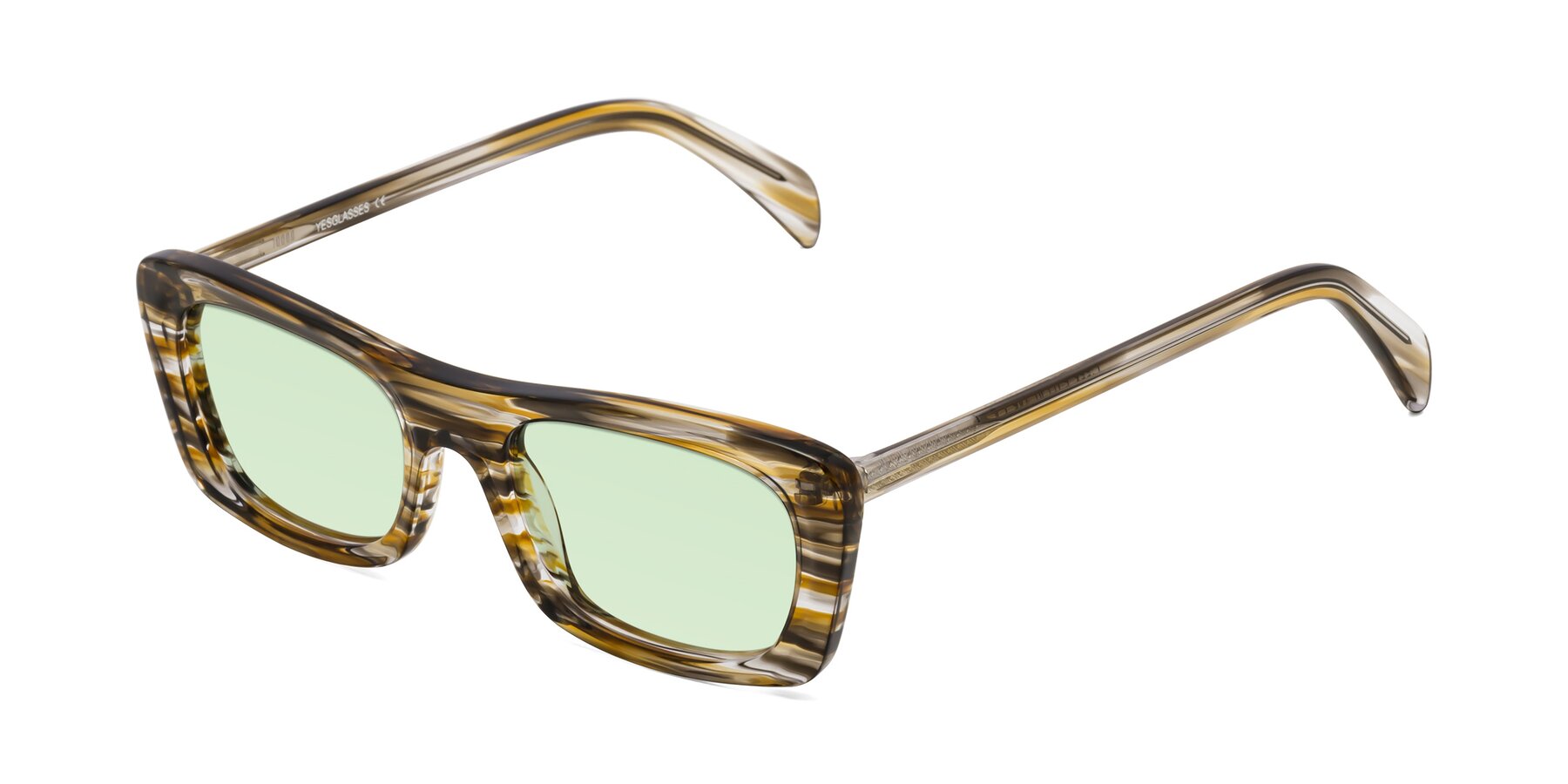 Angle of Figge in Striped Brown with Light Green Tinted Lenses