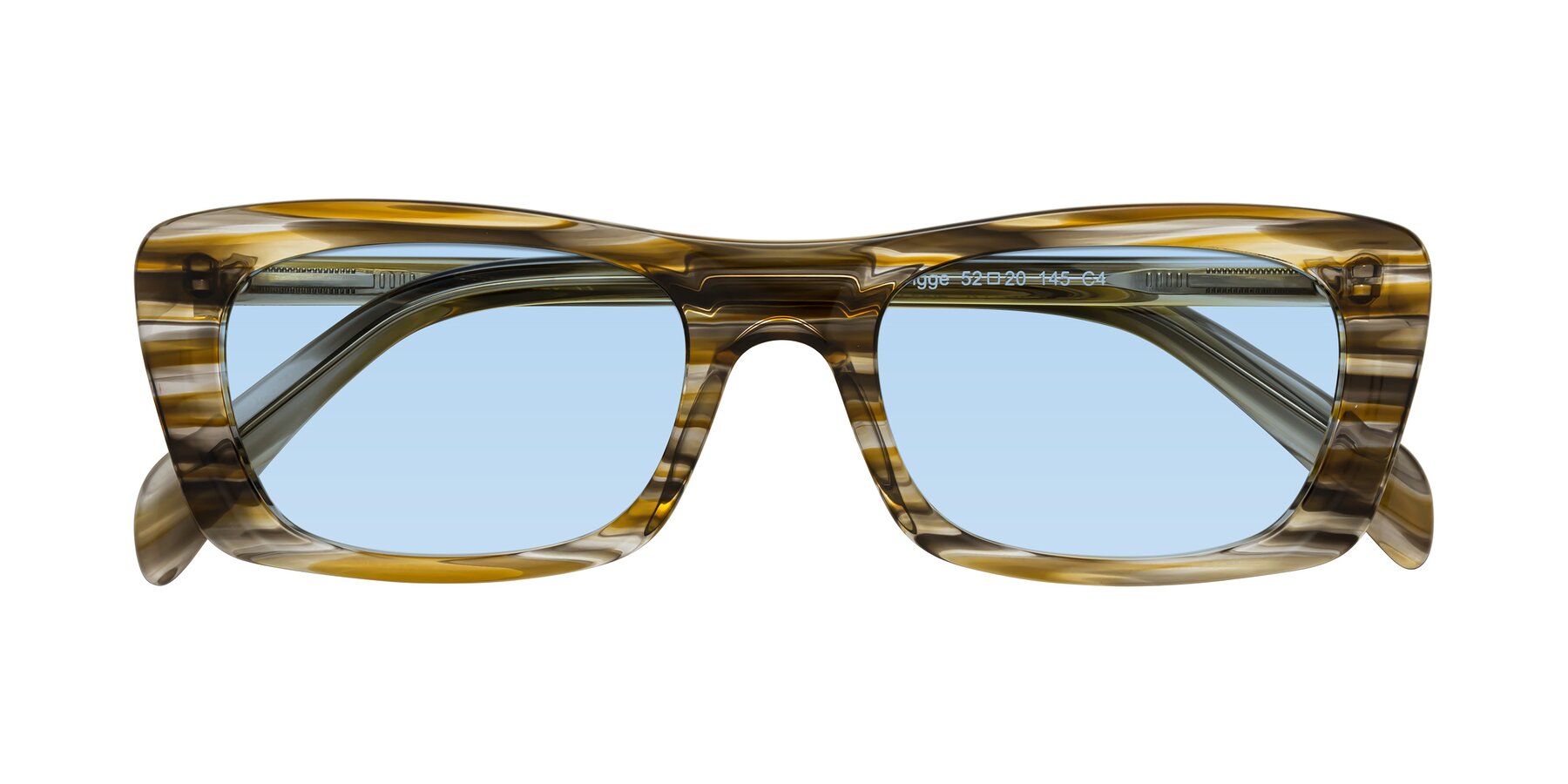 Folded Front of Figge in Striped Brown with Light Blue Tinted Lenses