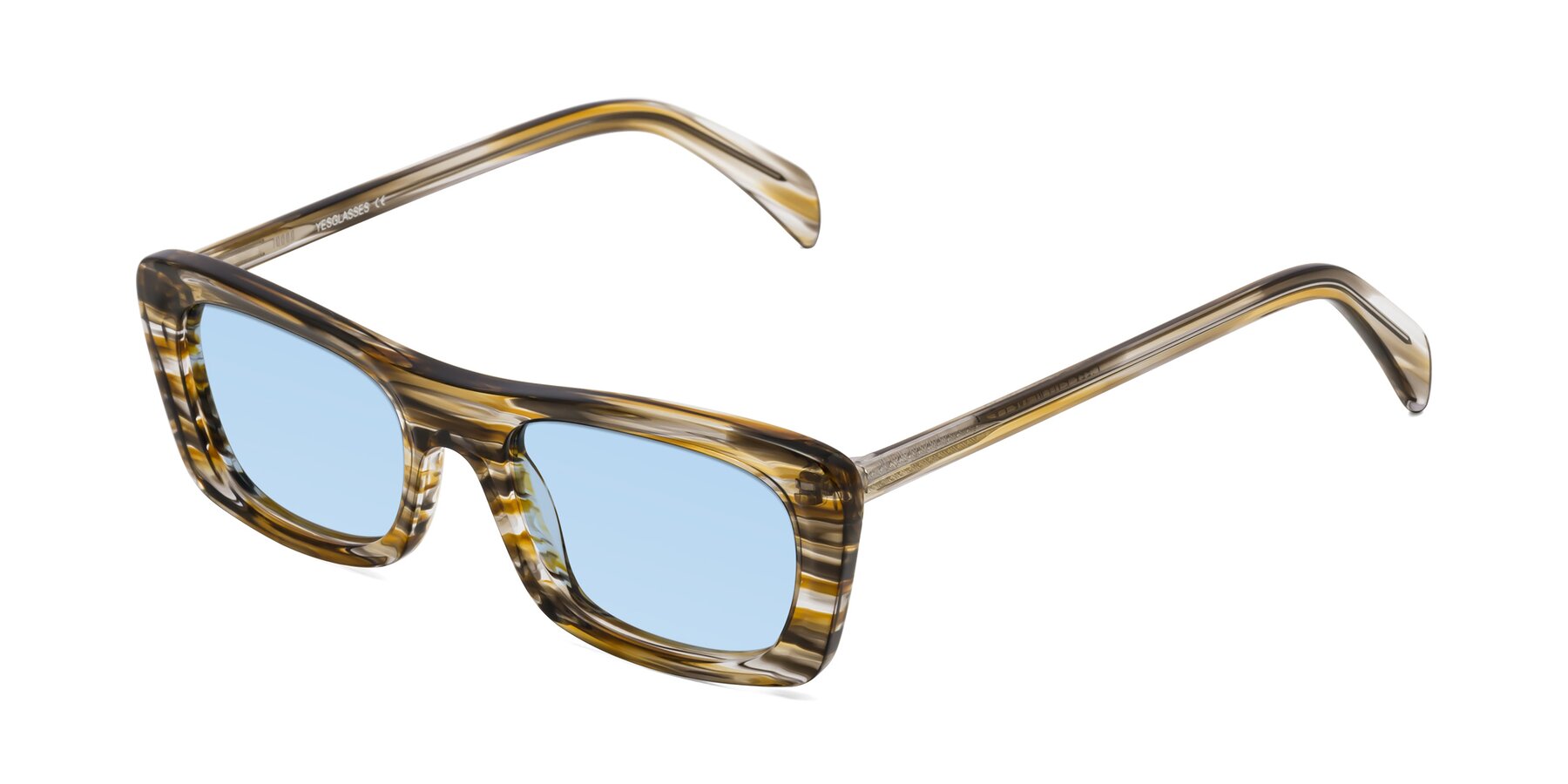 Angle of Figge in Striped Brown with Light Blue Tinted Lenses