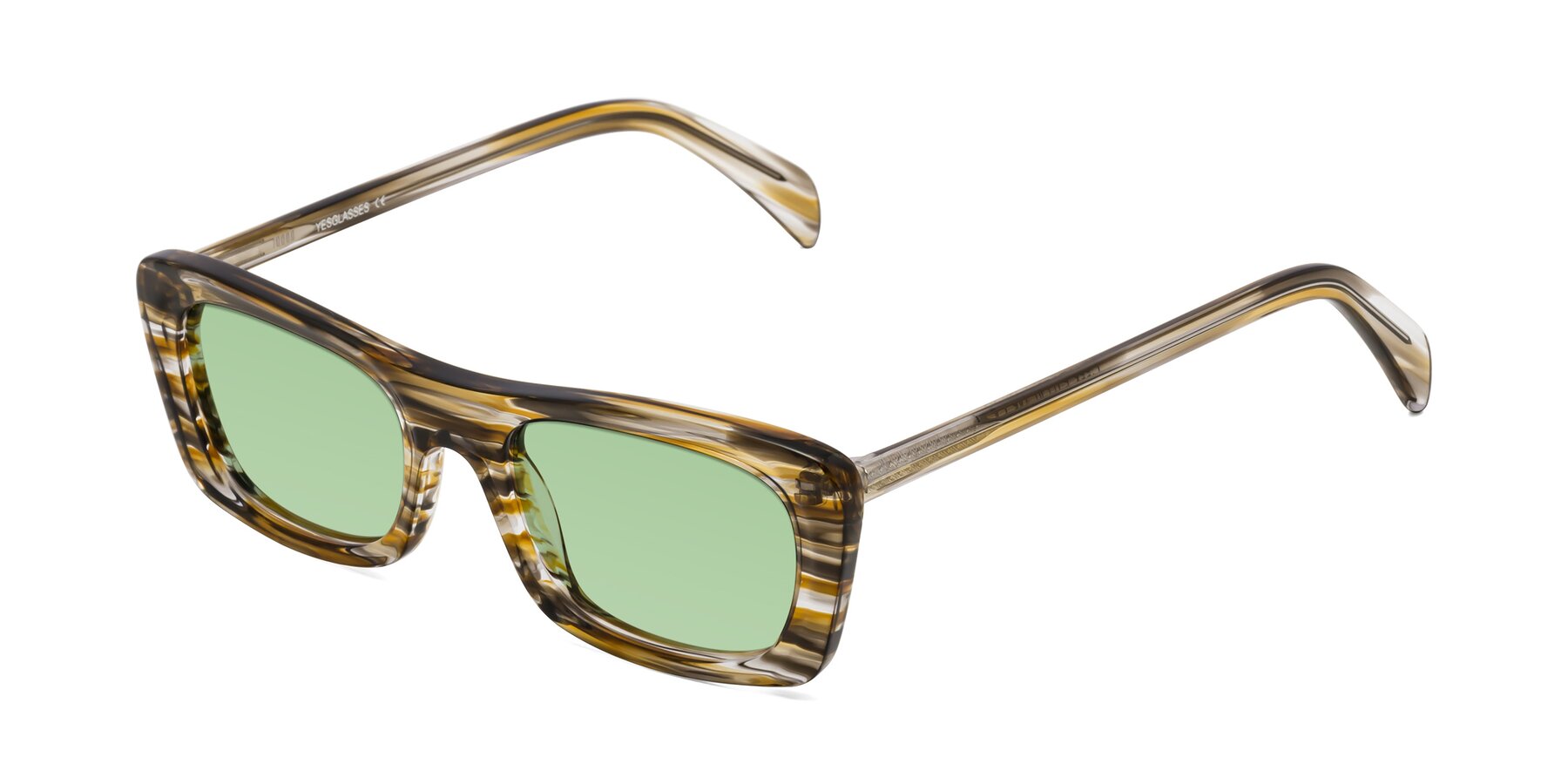 Angle of Figge in Striped Brown with Medium Green Tinted Lenses