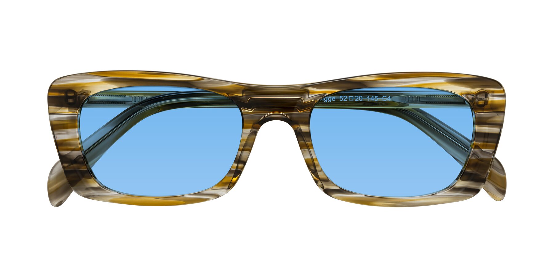 Folded Front of Figge in Striped Brown with Medium Blue Tinted Lenses