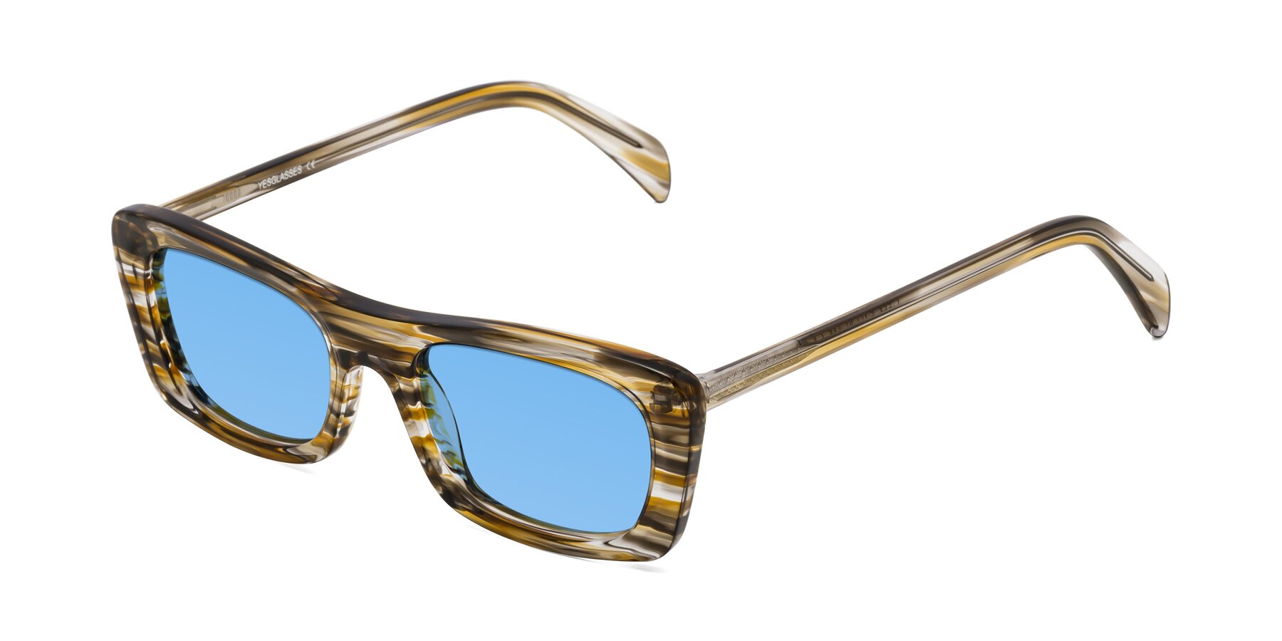 Angle of Figge in Striped Brown with Medium Blue Tinted Lenses
