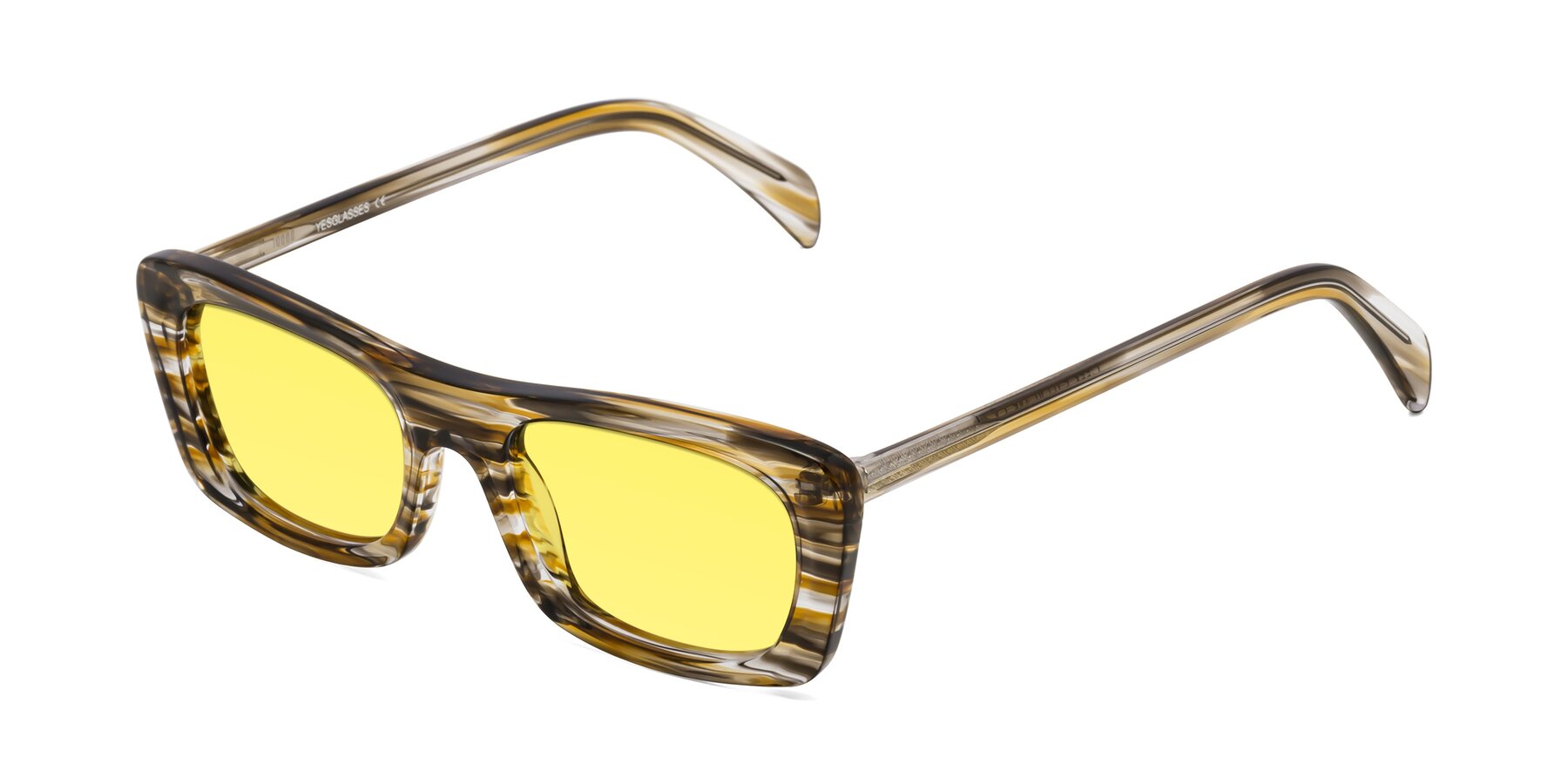 Angle of Figge in Striped Brown with Medium Yellow Tinted Lenses
