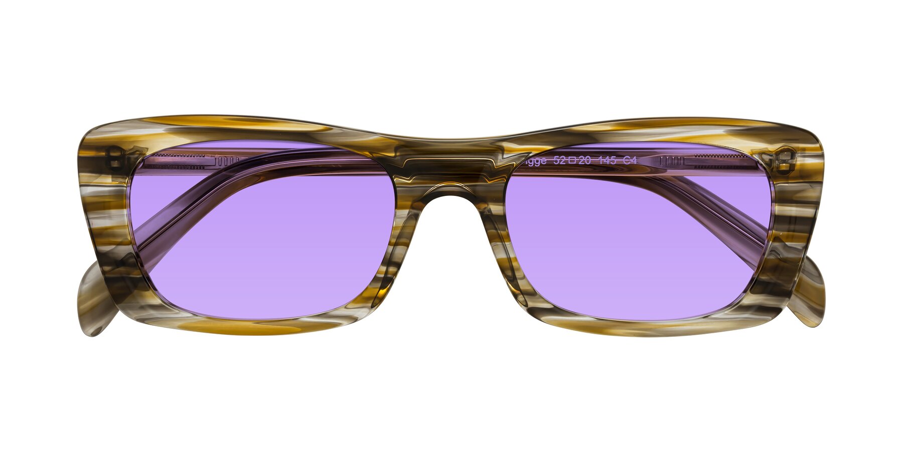 Folded Front of Figge in Striped Brown with Medium Purple Tinted Lenses