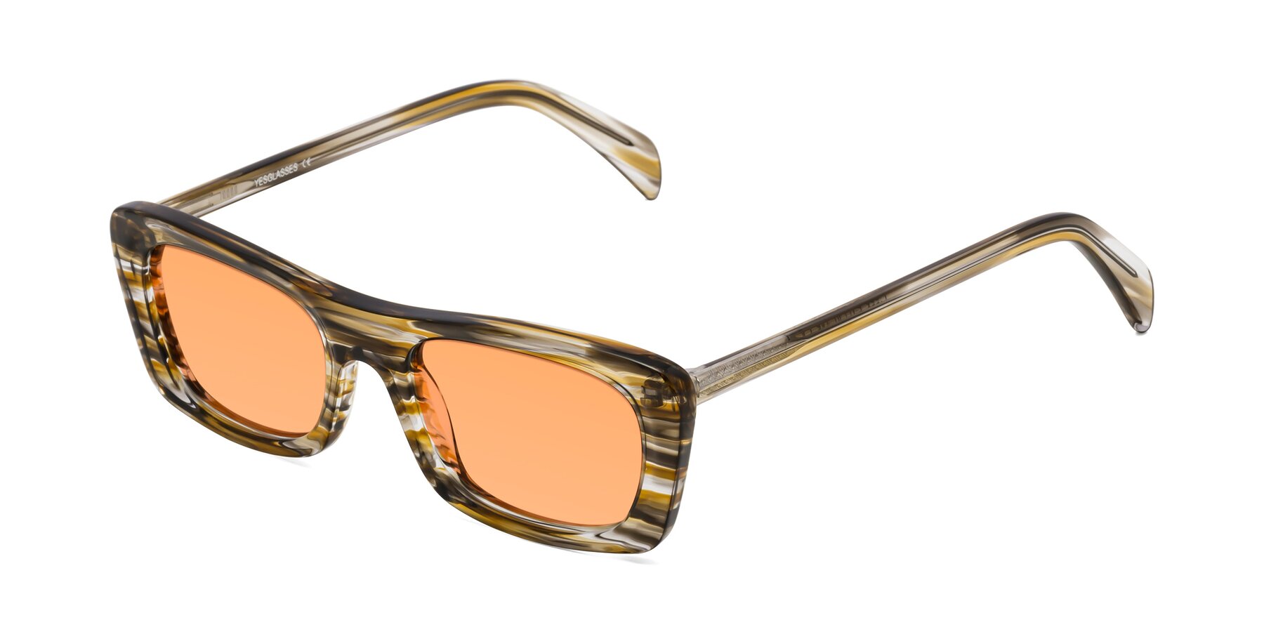 Angle of Figge in Striped Brown with Medium Orange Tinted Lenses